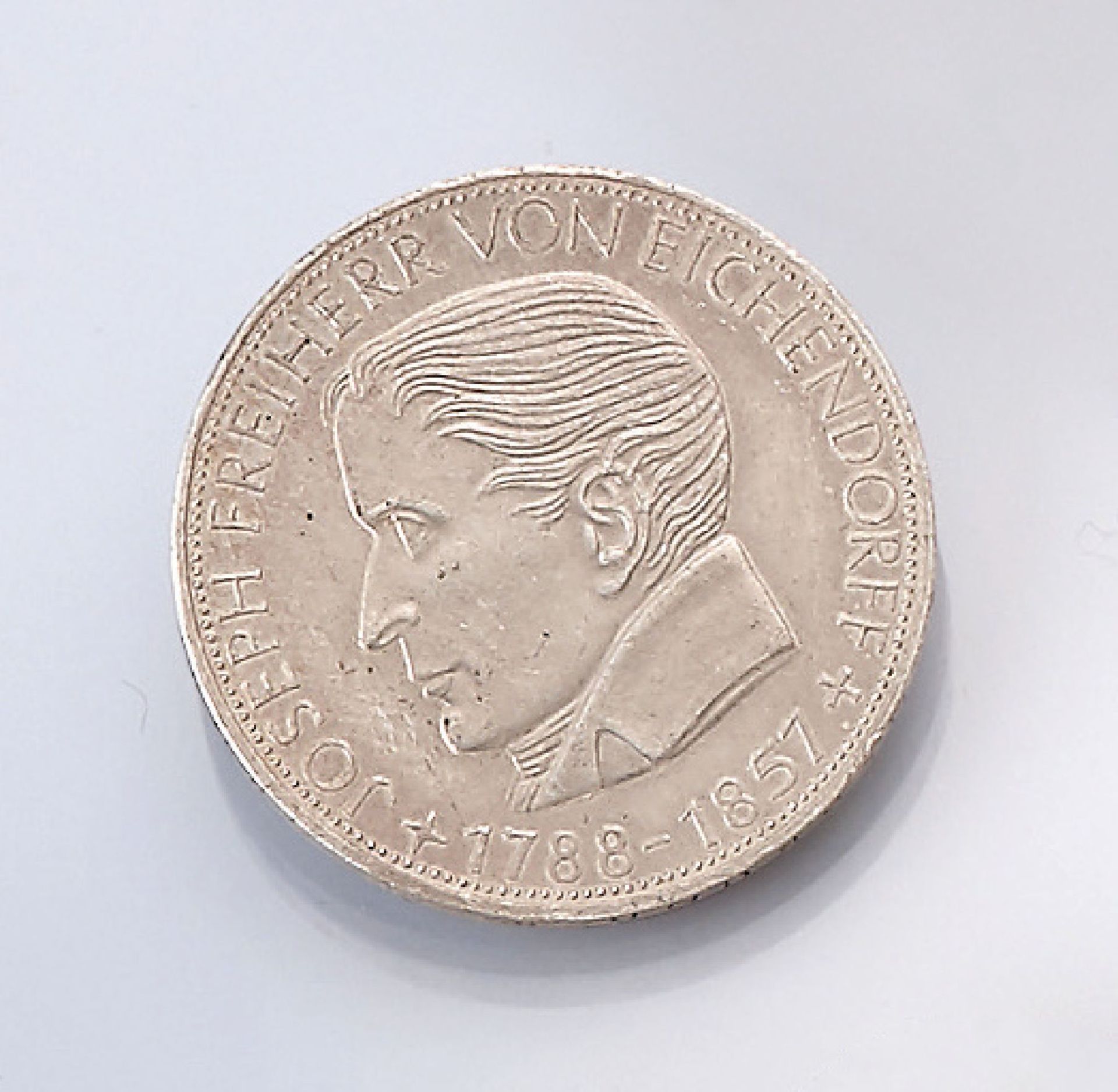 Silver coin, 5 Mark, Germany , 1957, Joseph Baron von Eichendorff, impressed mark J