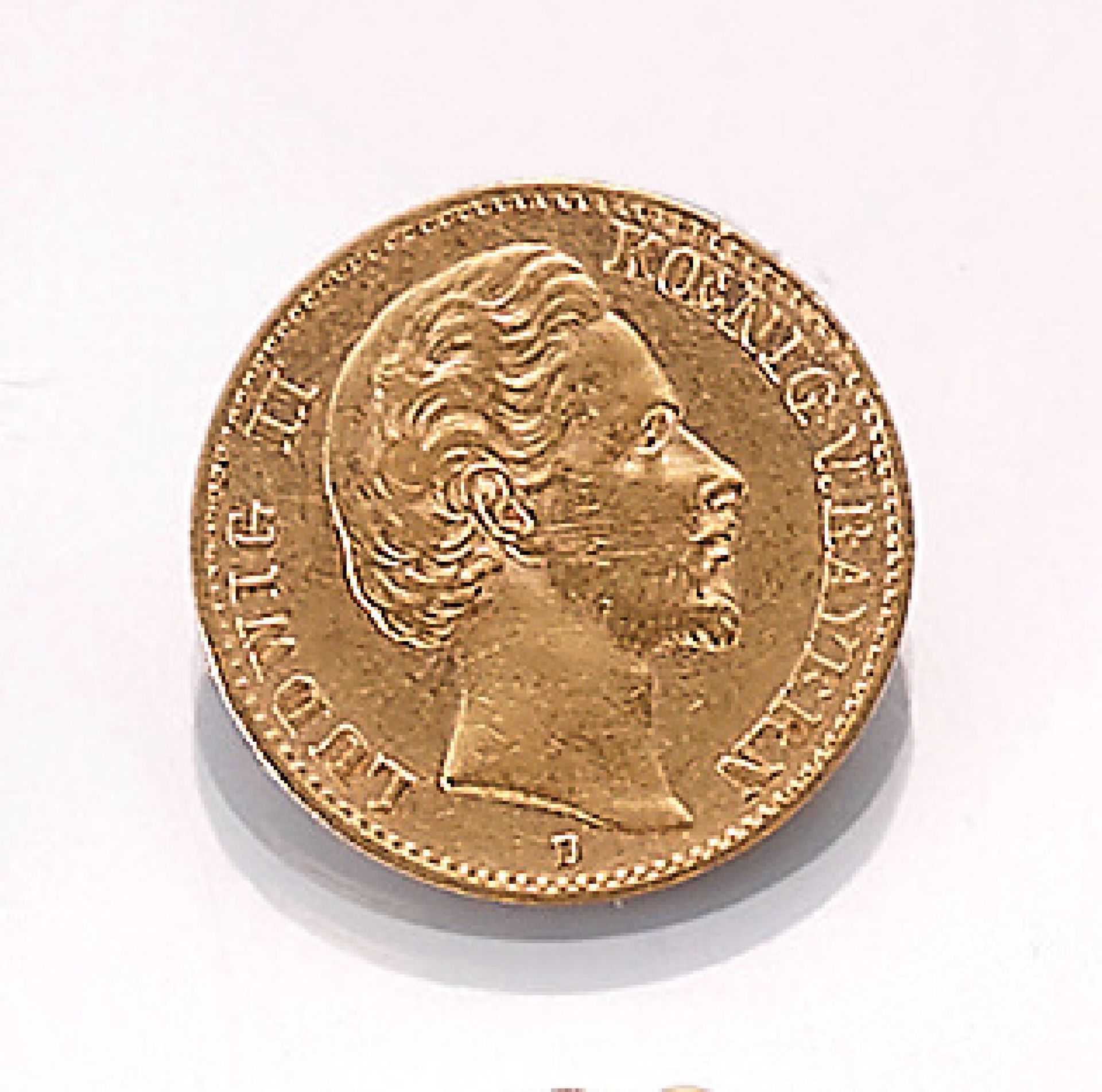 Gold coin, 10 Mark, German Reich, 1875 , Ludwig II. king of Bavaria, impressed mark D