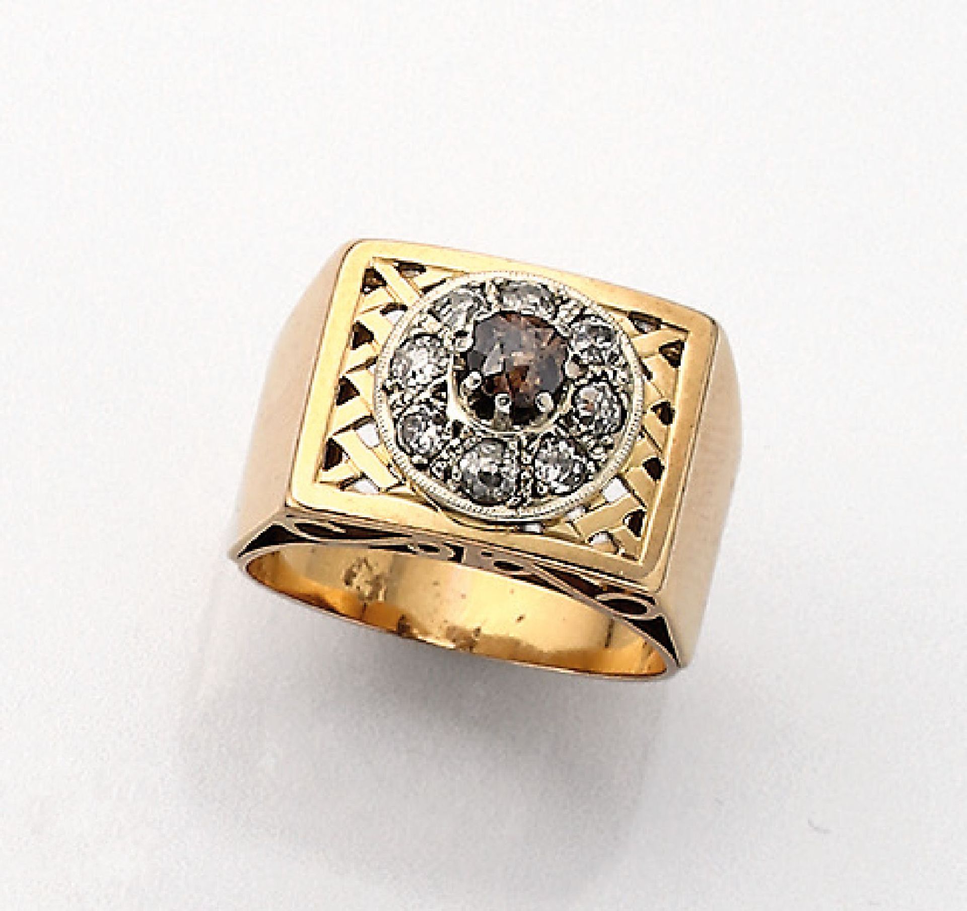 14 kt gold ring with diamonds , 1940er Jahre, YG/WG 585/000 tested, 1 brown old cut diamond