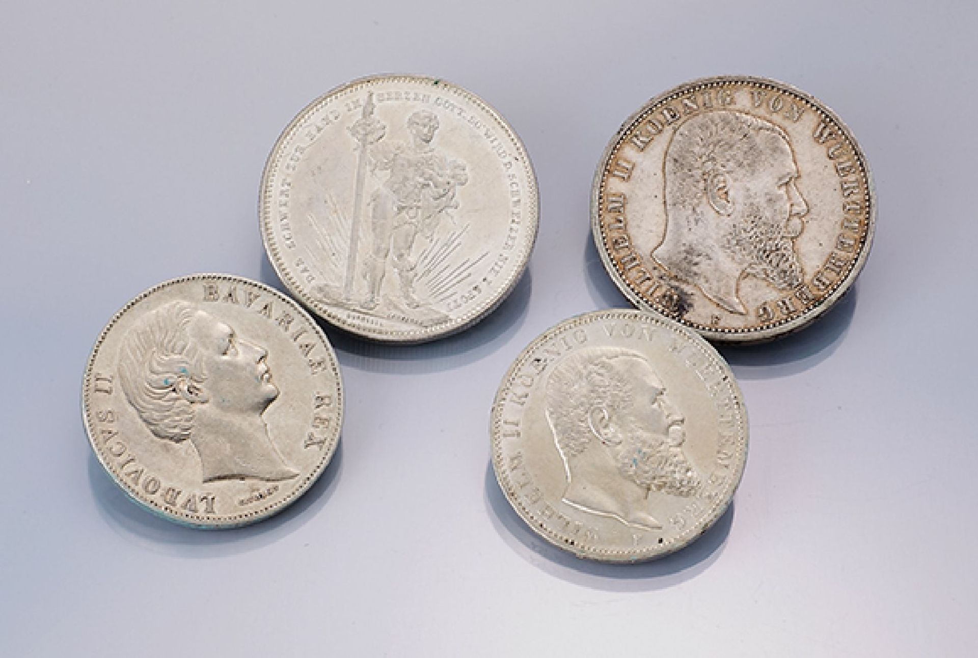 Lot 4 silver coins , comprised of: 1 x Taler, Bavaria, 1870, Ludwig II., 1 x 3 Mark, German Reich,