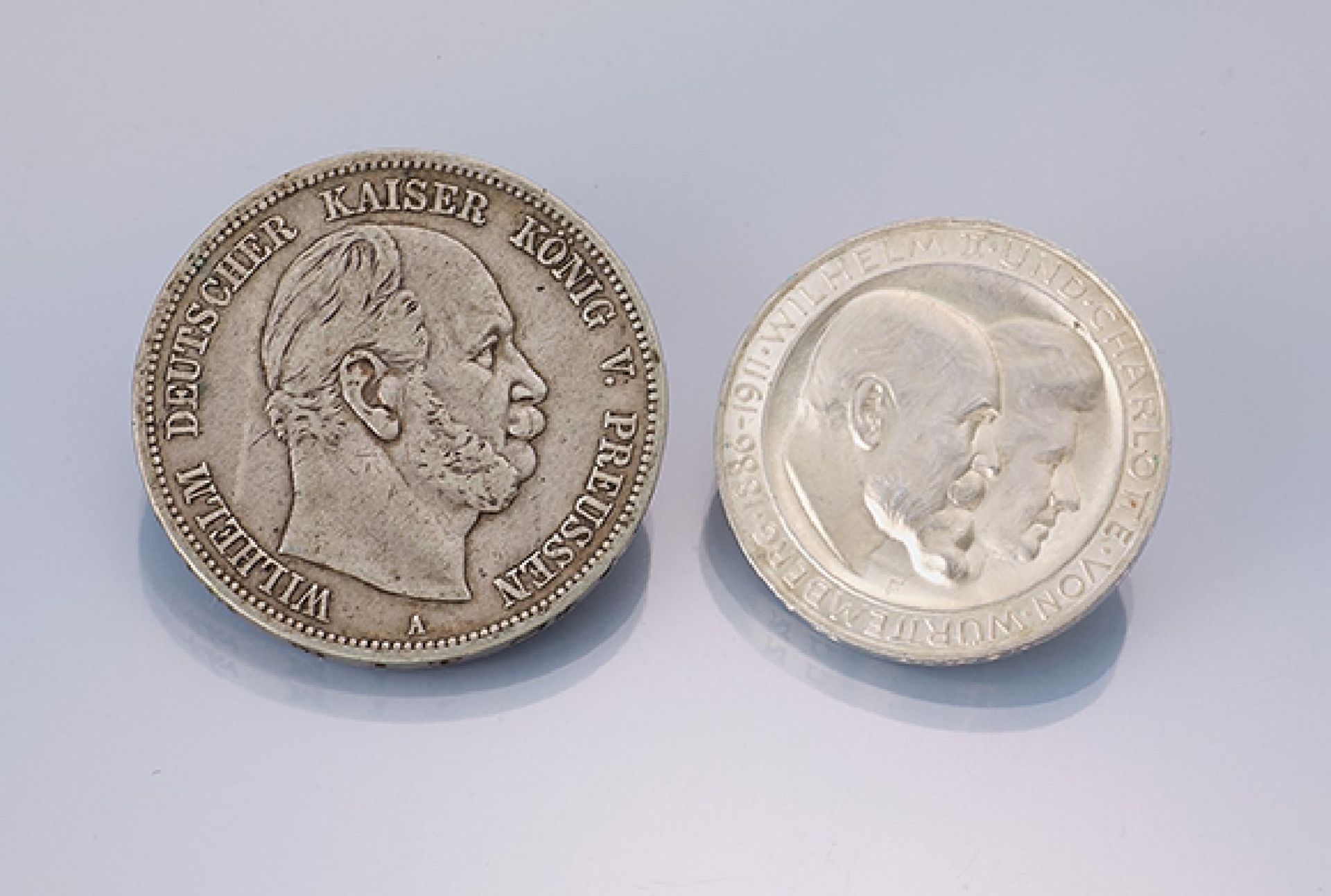 Lot 2 silver coins, German Reich, comprised of: 1 x 5 Mark, 1876, Wilhelm german emperor king von