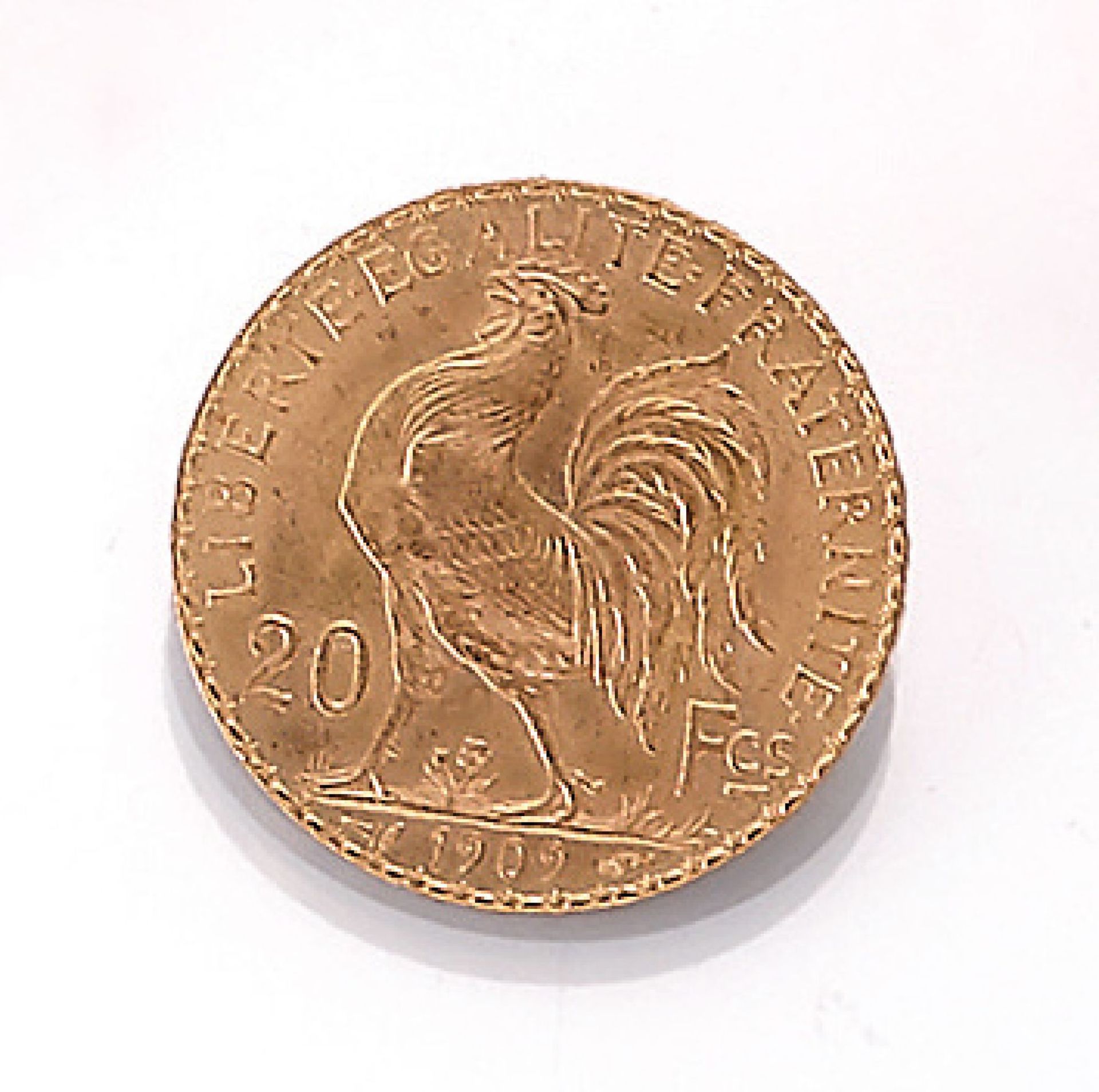 Gold coin, 20 Francs, France, 1909 , Marianne, Republique francaise, RV: gallic rooster, Liberte,