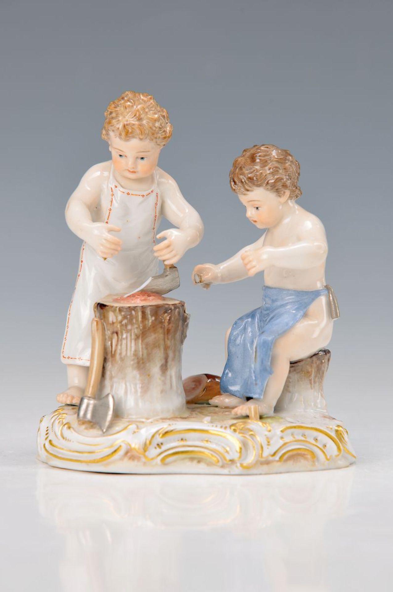 porcelain group, Meissen, around 1880/90, two cupids as butcher, Model no. P 14, damaged,