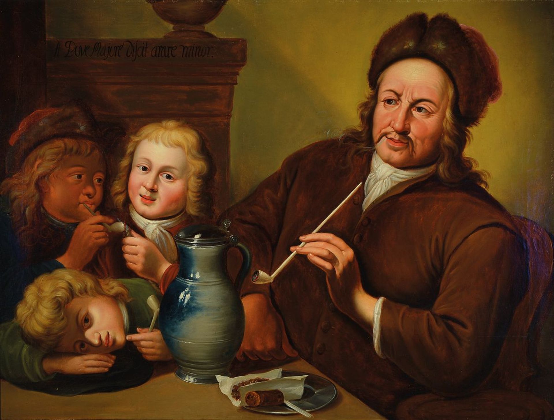 Dutch painter, around 1830-40, three children with a man smoking tobacco, oil / canvas, relined,