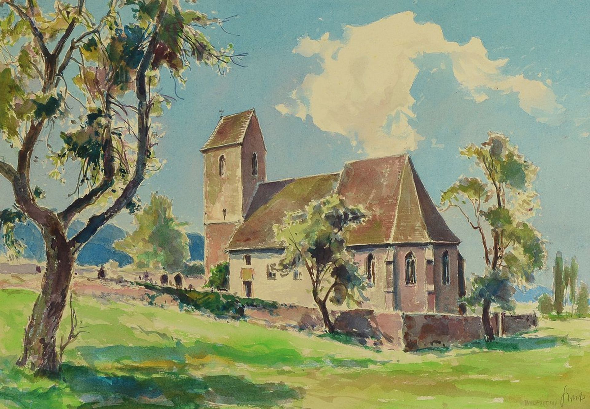 Karl Graf, 1902-1986 Speyer, Die Zweikirche inWolfstein, Gouache on paper, signed lower right,