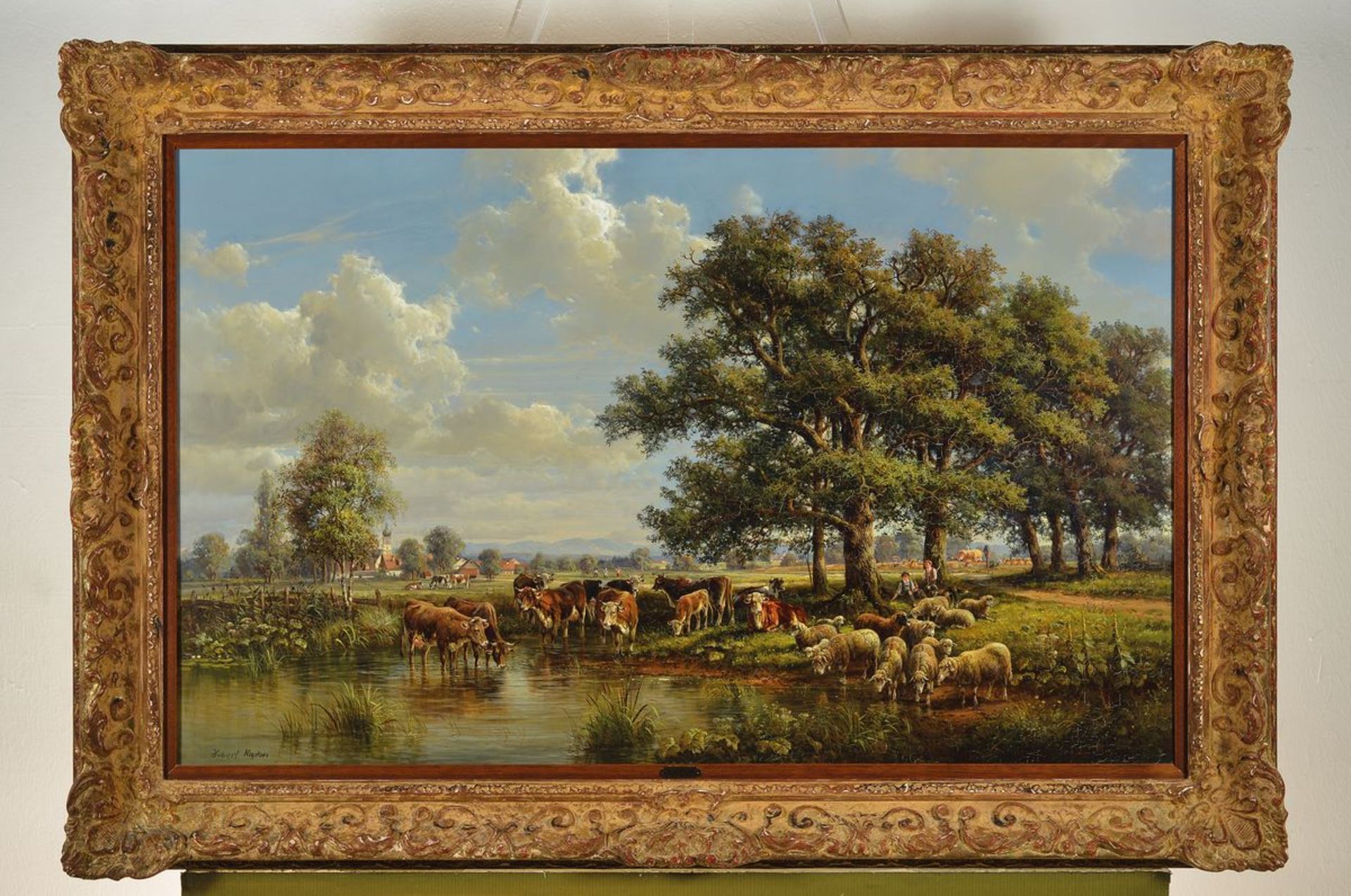 Hubert Kaplan, 1940 Munich, southern german landscape with drinking cattle, rich, partly miniature - Image 3 of 3
