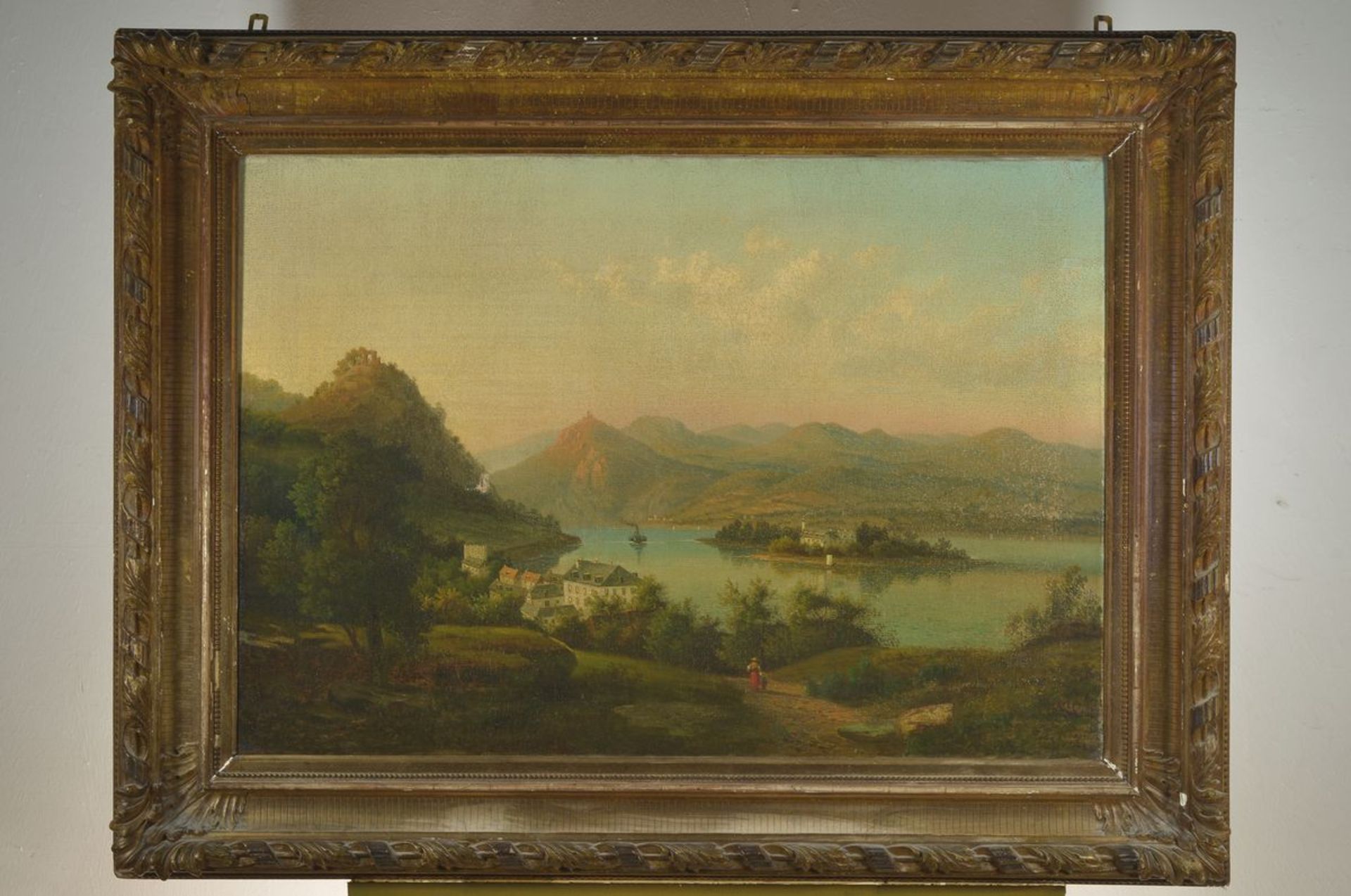 Unidentified artist, 2.H. 19th century, mountainous landscape, village on the lake, mother with - Image 2 of 2