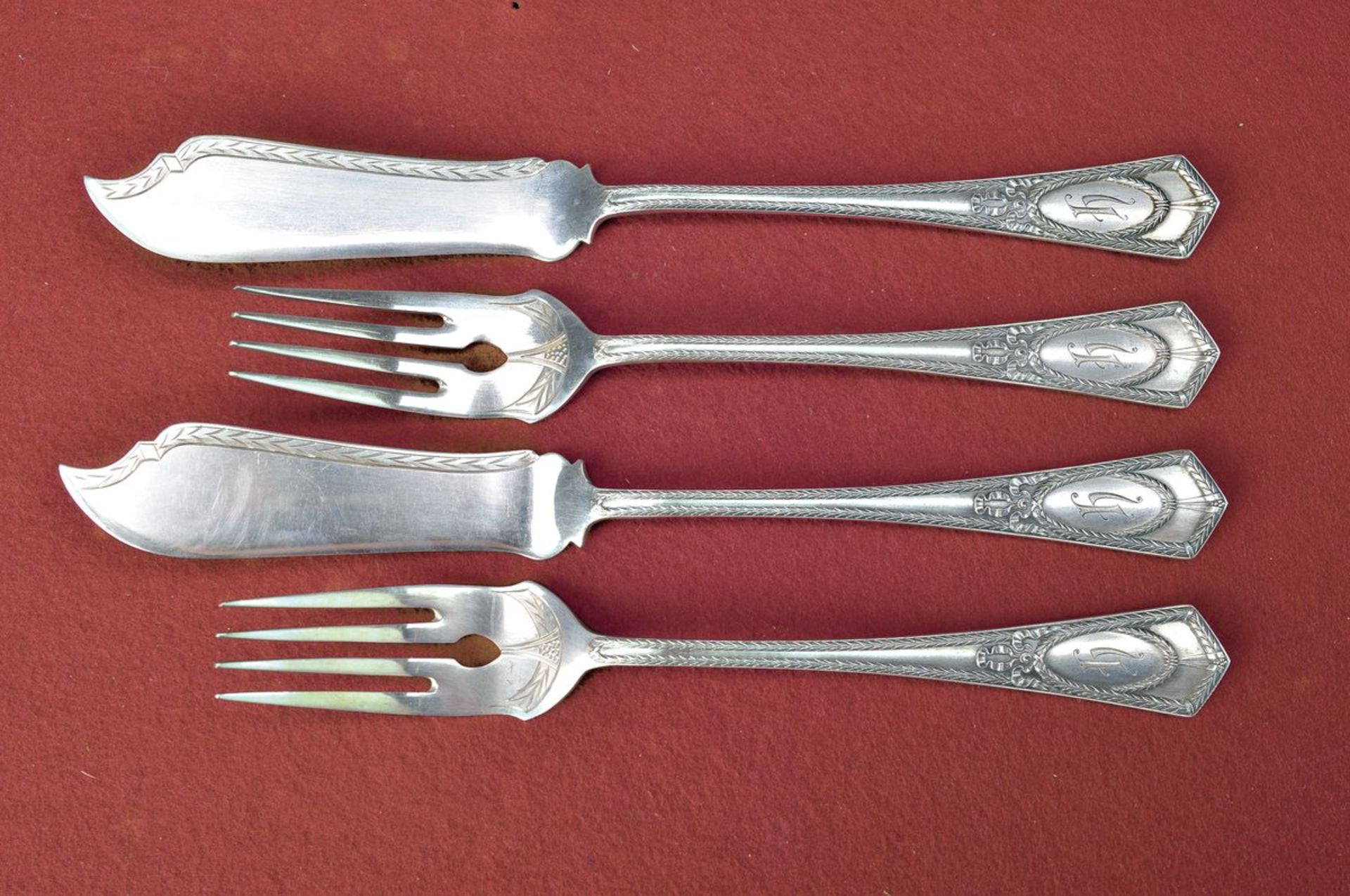 fish cutlery, German, around 1900, 800 silver , Franz Bahner, neo-classical decor, monogrammed H.,