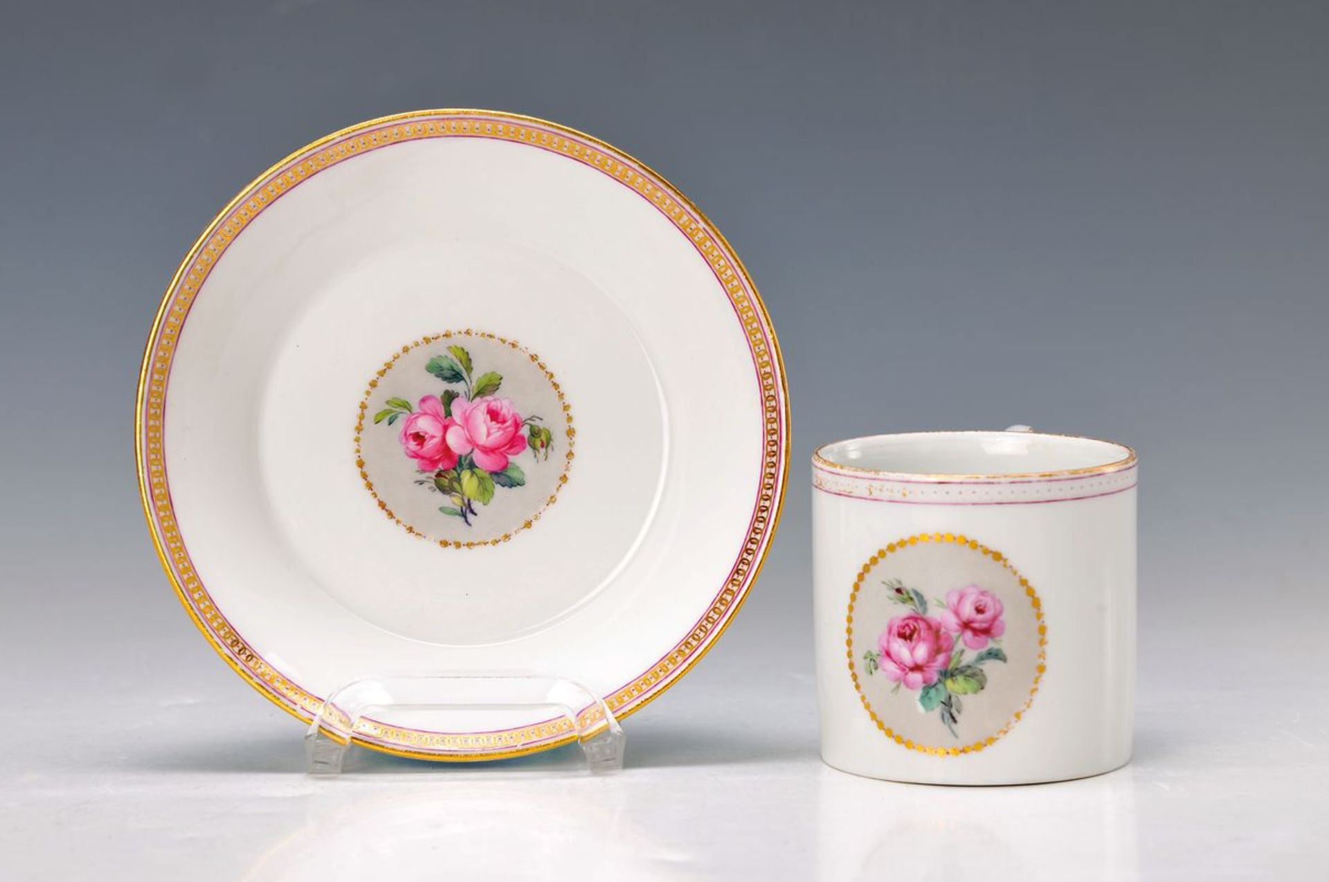 cup with saucer, KPM, in front 1800, porcelain, rose painting, gold abraded, cup, H. 6 cm, D. 6, 5