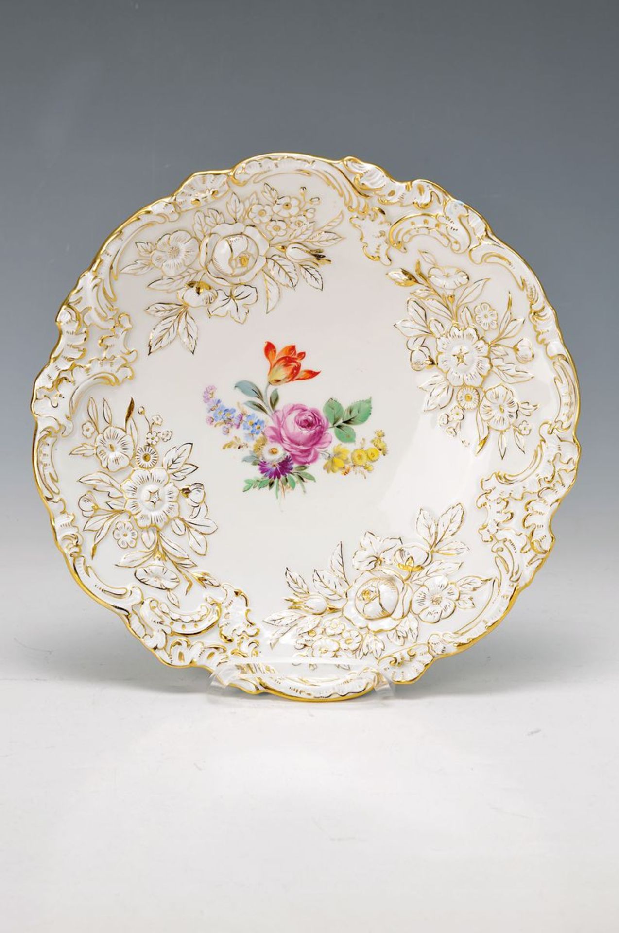 pompous plate, Meissen, 2nd half of the 19th century, floral embossment, painted with colorful