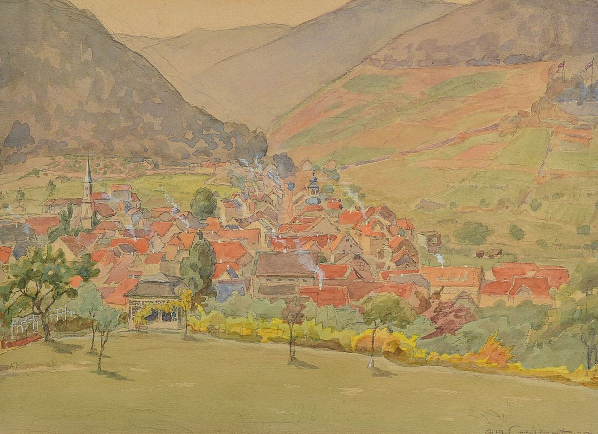 August Croissant, 1870 Landau-1941 Edenkoben, view of Albersweiler, watercolor on paper, signed