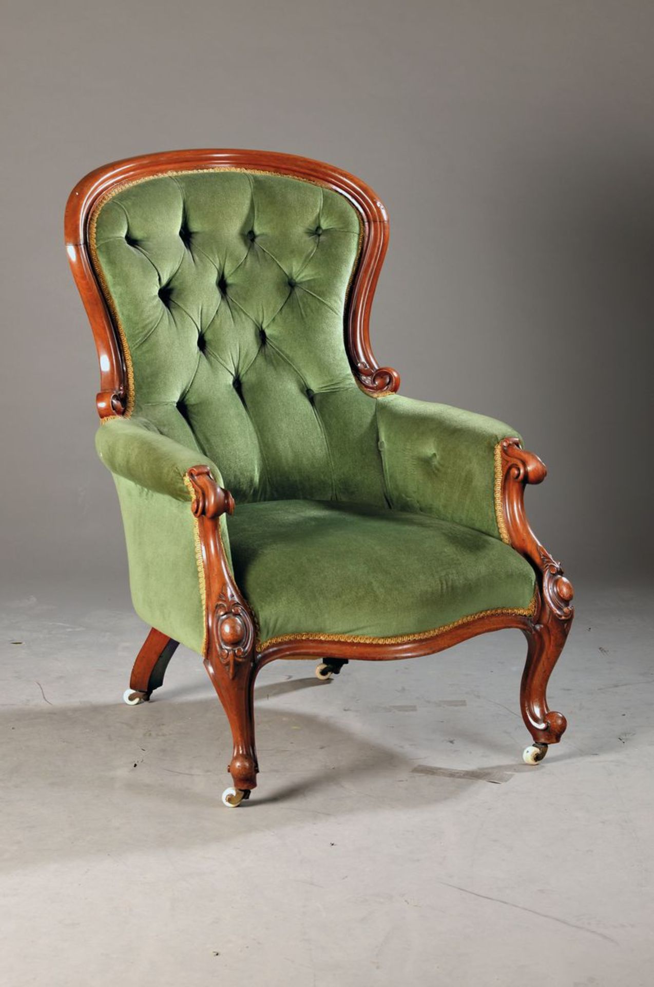 Armchair, 1830/40, Louis-Seize, mahogany respectively Walnut, two-sided cambered, new covering,