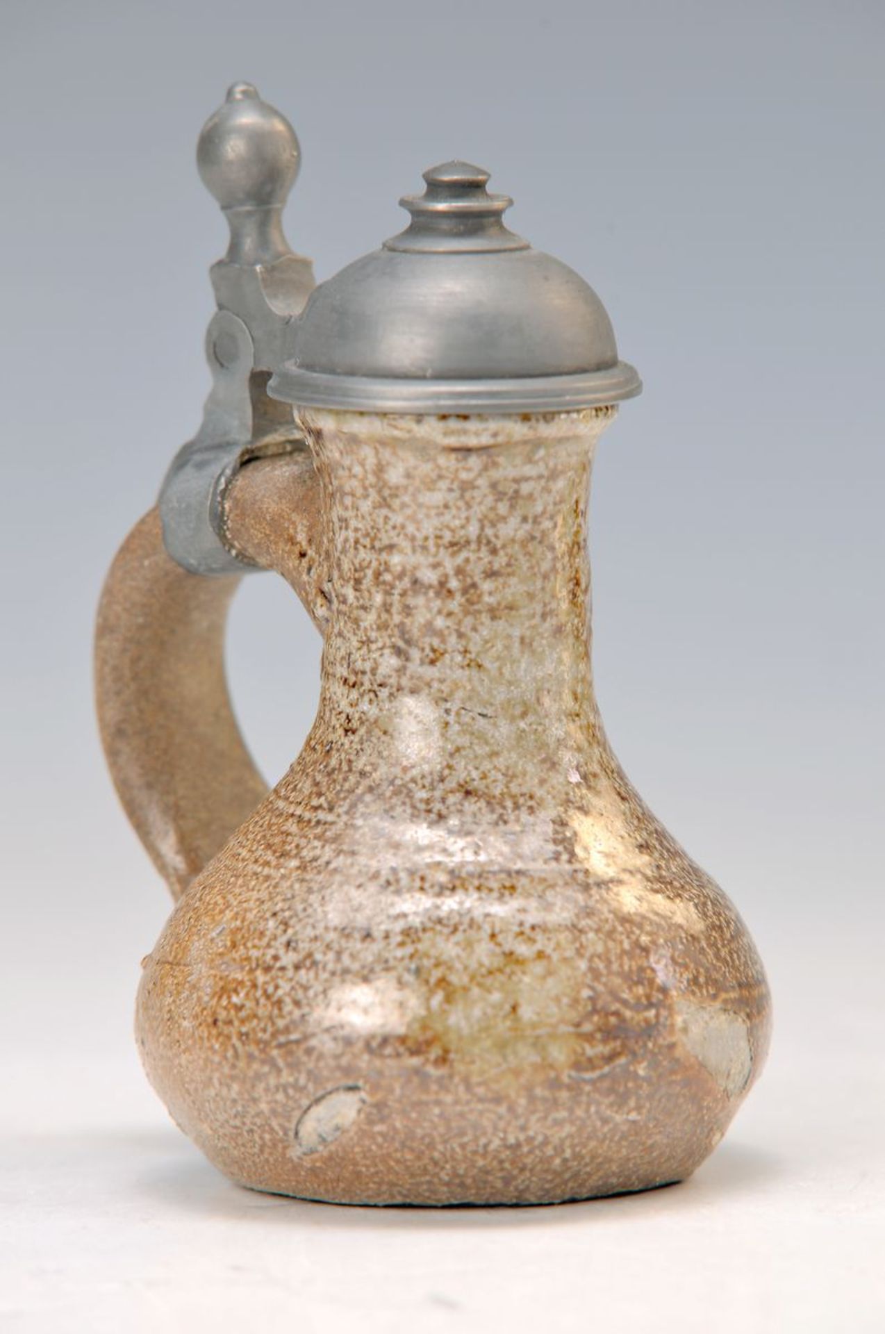 miniature jug, Siegburg, around 1800, stoneware, with cologne brown glaze, minor dam., tin gear,