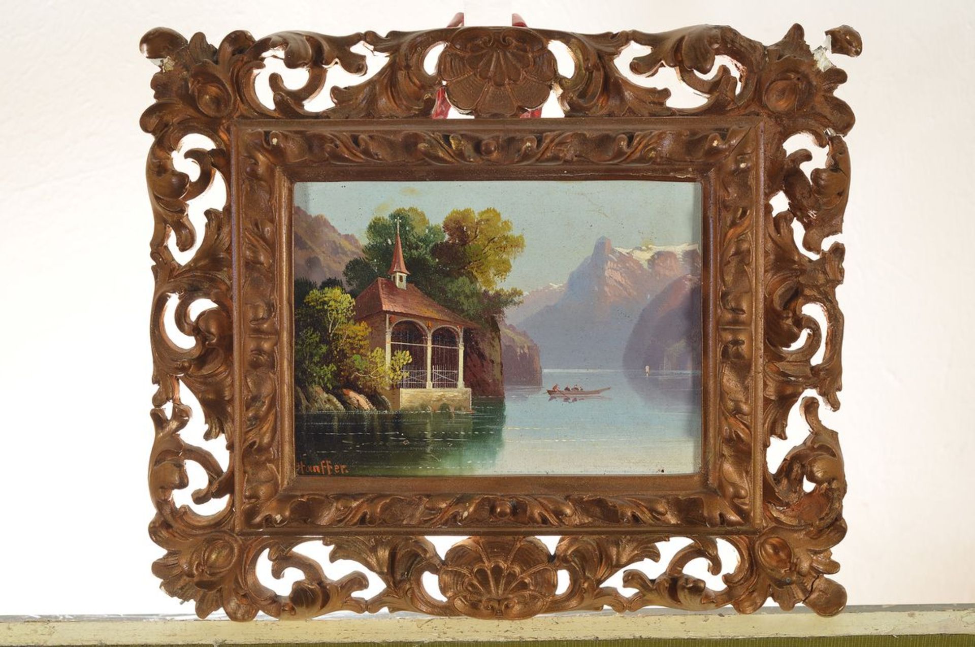 Hubert Sattler, pseudonym Stauffer, probably Italian mountainous lake, oil / wood, signed, 11 x 15 - Bild 3 aus 3