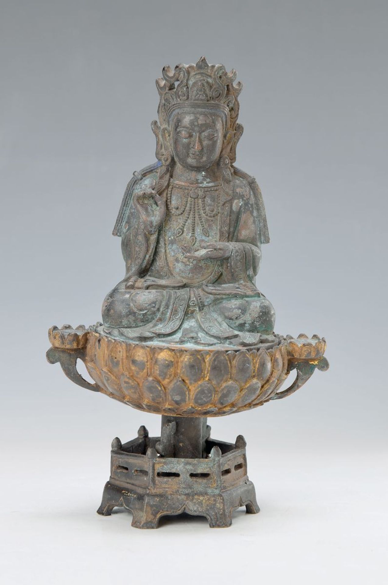 Buddha on two part lotus pedestal, Tibet, 19. century, Bronze, remains of gilding, H. approx. 24