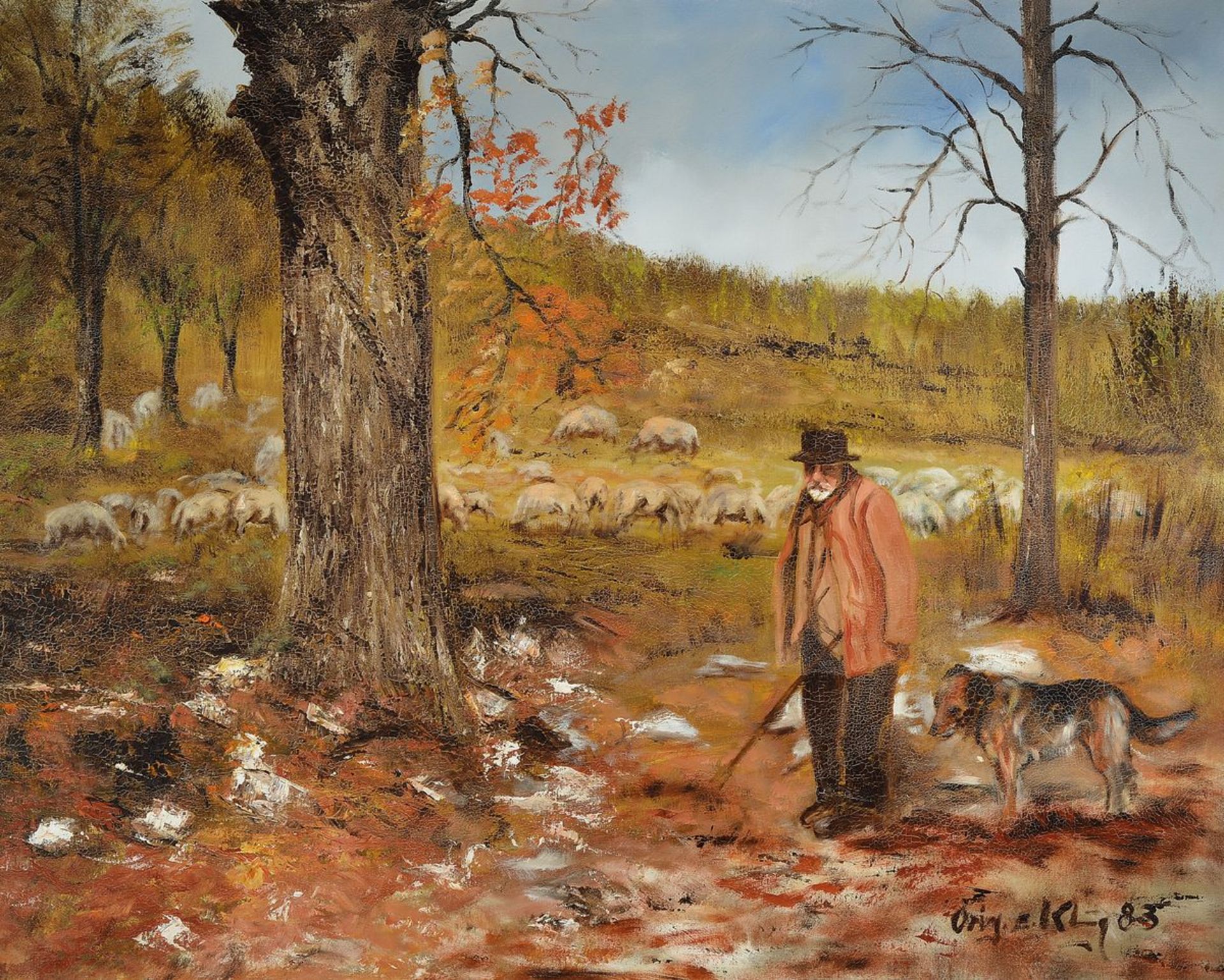 Eduard Klug, born 1924 Deidesheim, shepherd with dog and his herd, oil / canvas, signed lower right: