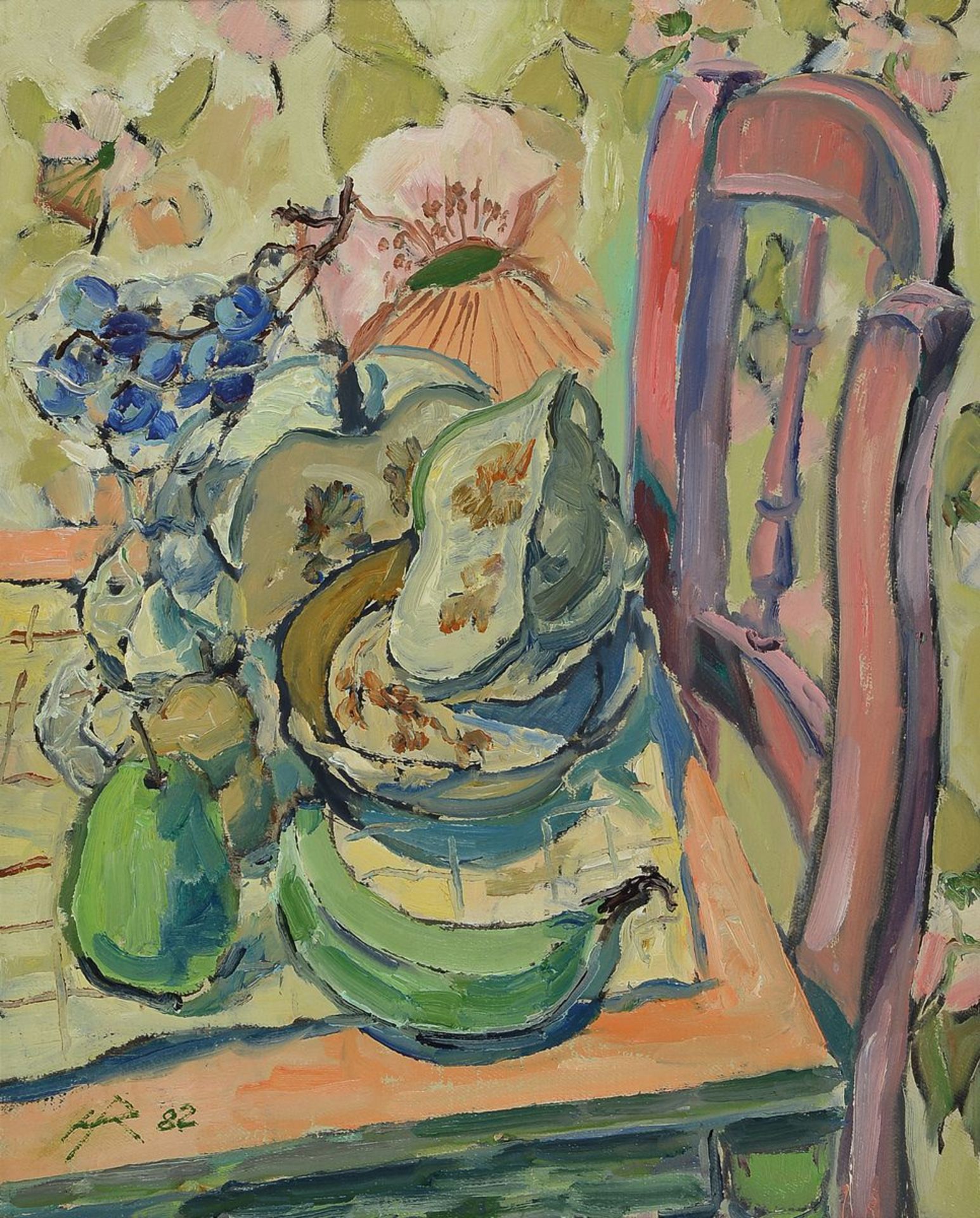 Heinz Reiss, born 1923 Haßloch, still life with Fruit and flowers, oil / canvas, lower left