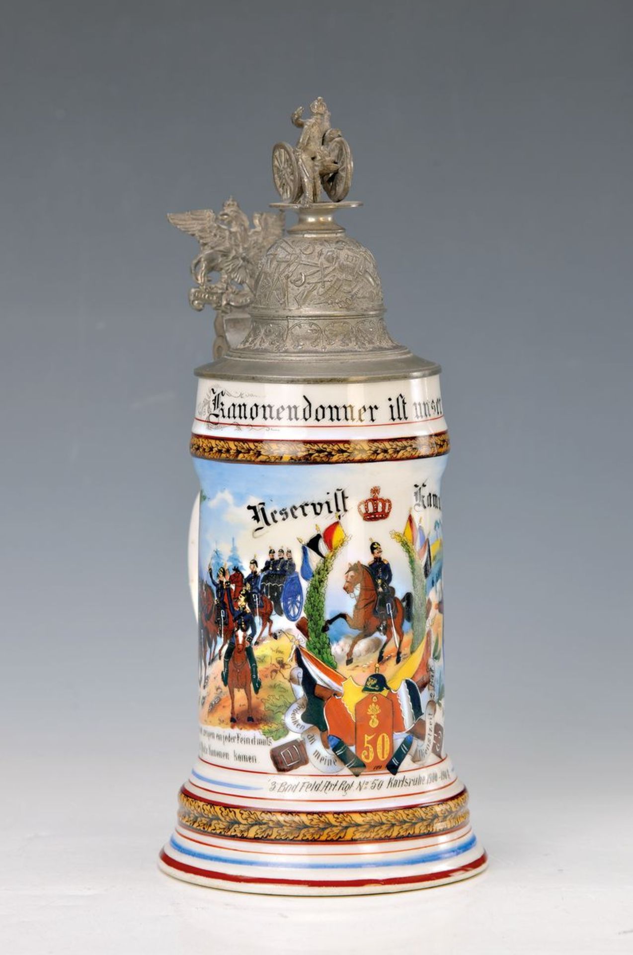 regimental stein, 3. Bnd Field.species.Rgt. No. 50 Karlsruhe 1900-1902, porcelain