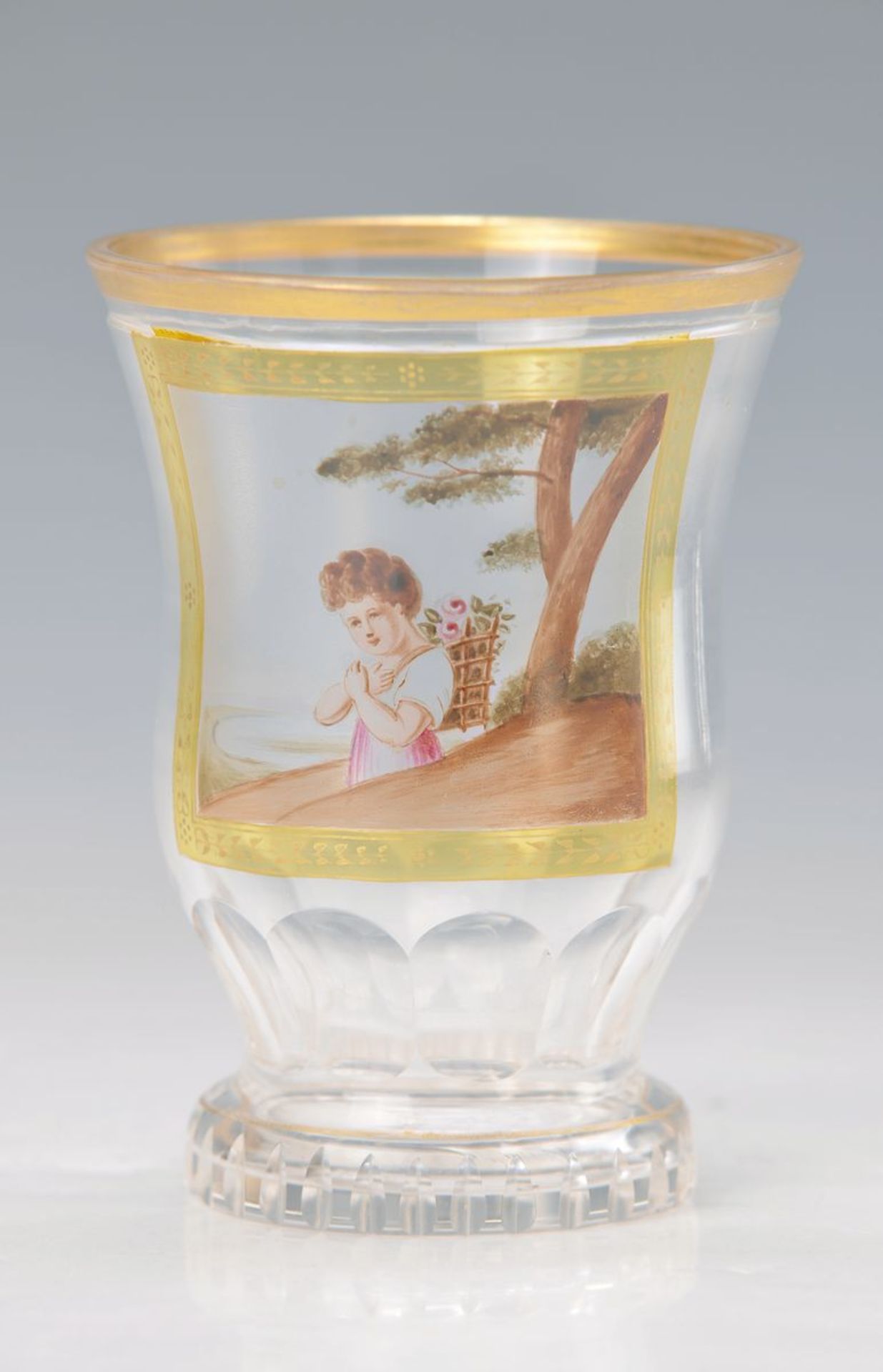 souvenir glass, Bohemia, around 1850, colourless crystal glass, matted cartridge painted in bright