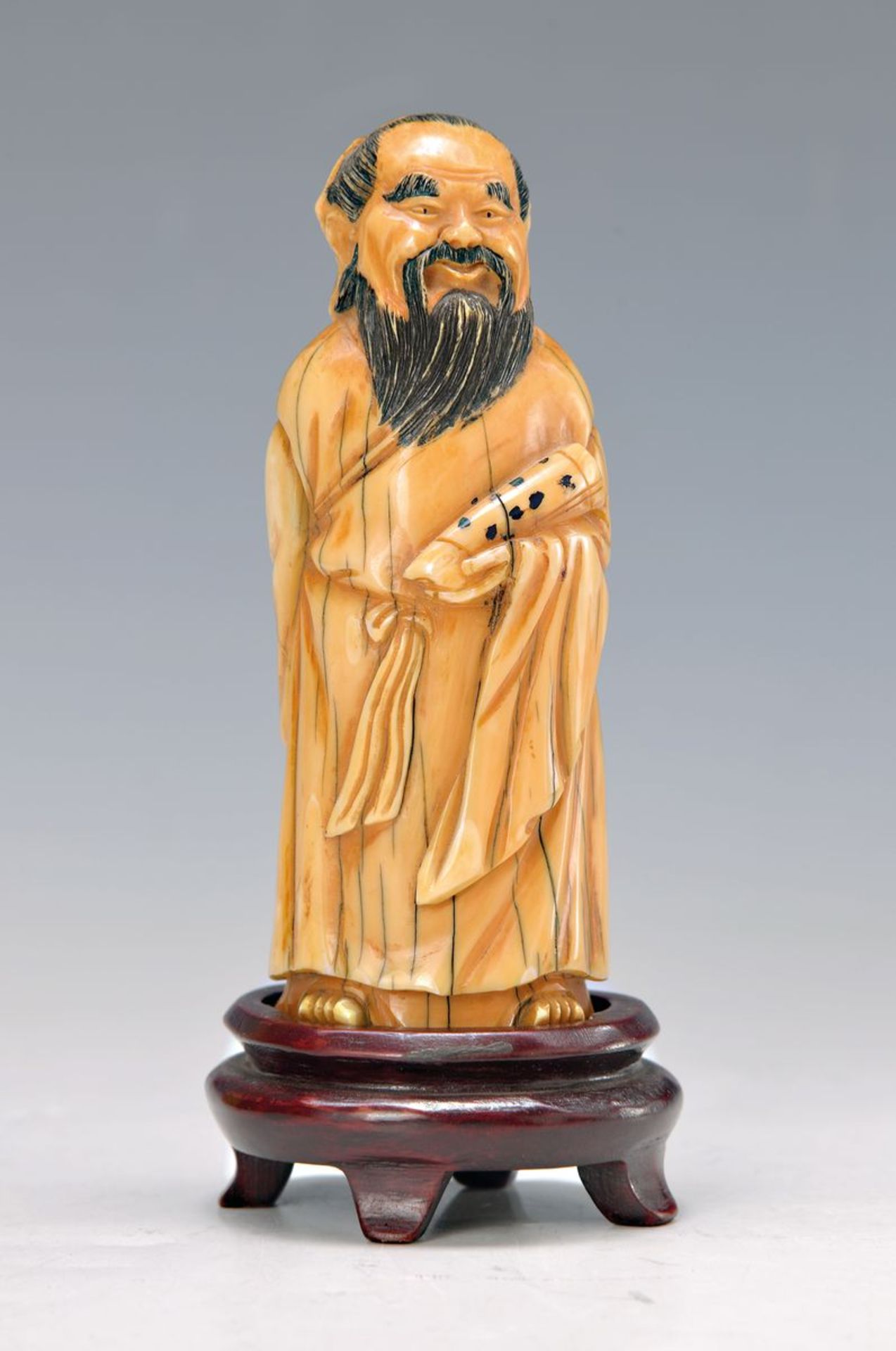 ivory sculpture, China, around 1900/10, talisman with scroll, carved, on wooden pedestal, with