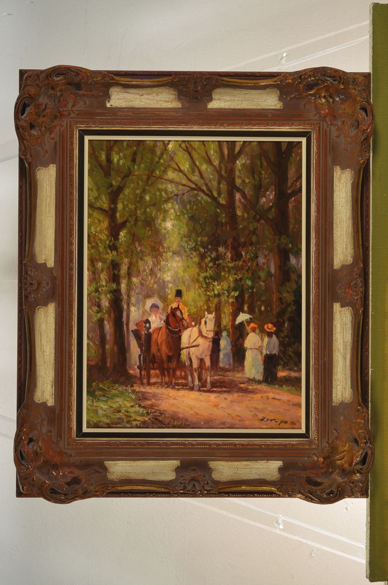 Helmut Kips, born 1937 Krefeld, carriage and stroller in forest, oil / wood, signed lower right, - Image 3 of 3