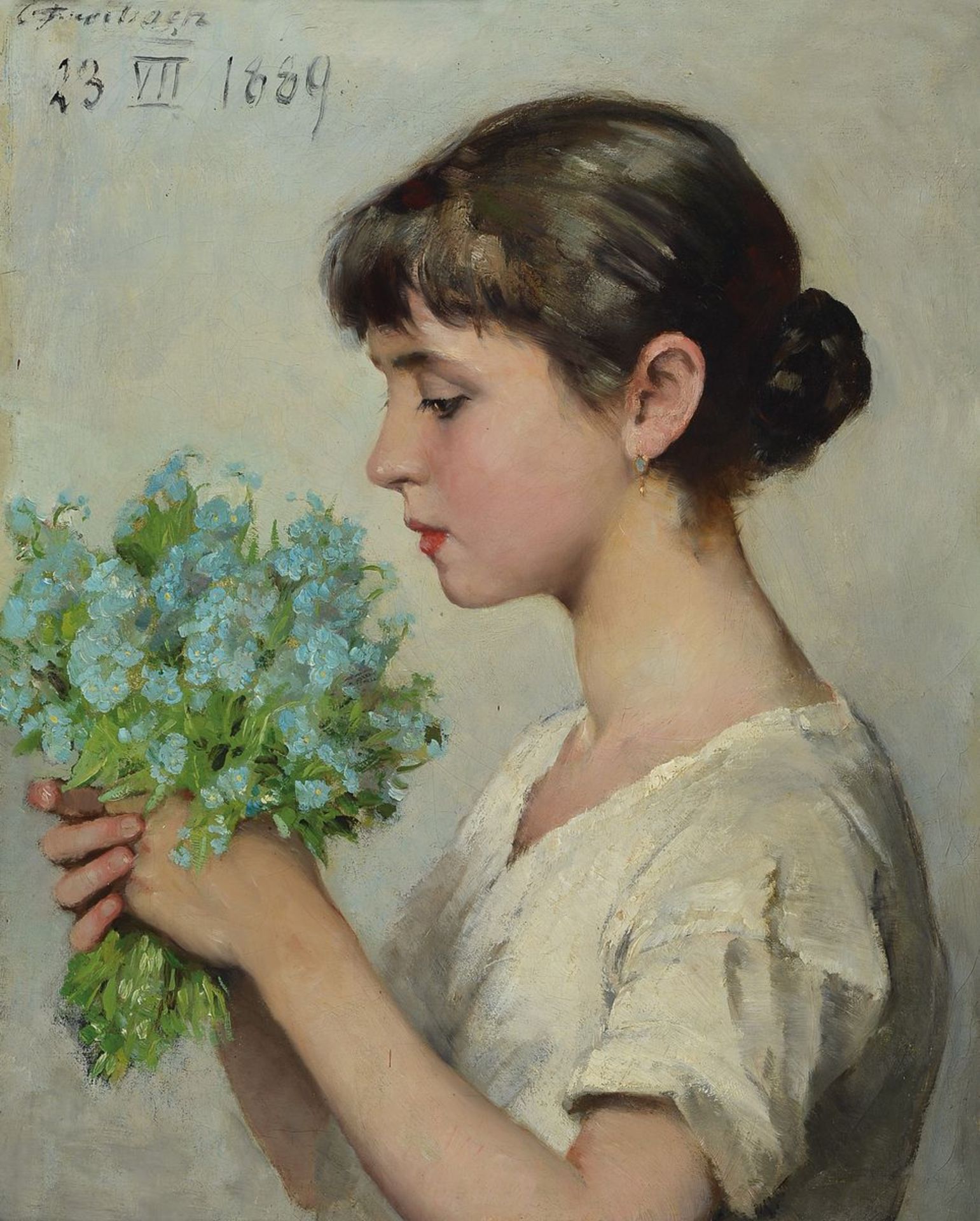 Carl Breitbach, 1833 - 1904, girl with Vergißmeinicht, fine painting, very fine representation the