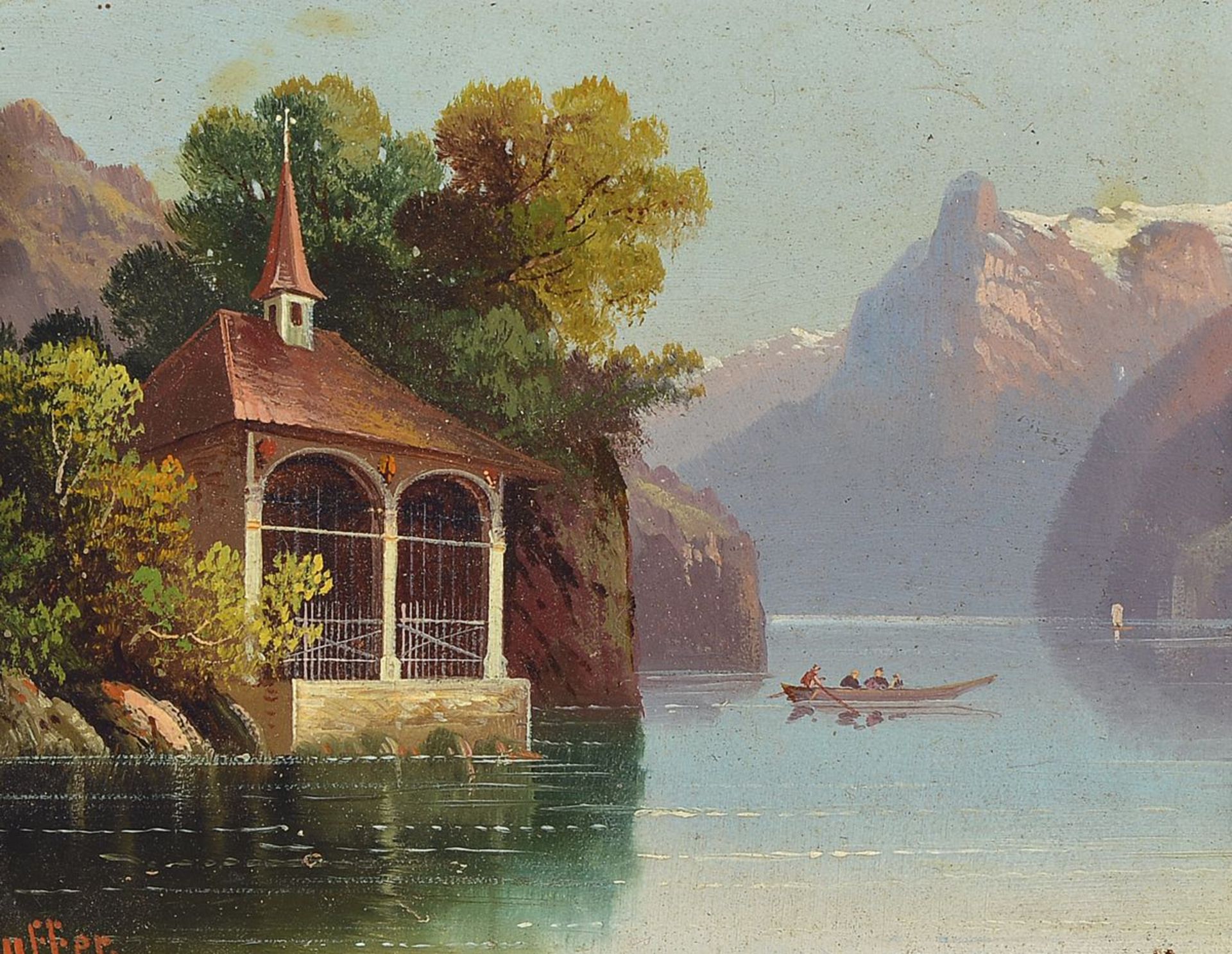 Hubert Sattler, pseudonym Stauffer, probably Italian mountainous lake, oil / wood, signed, 11 x 15