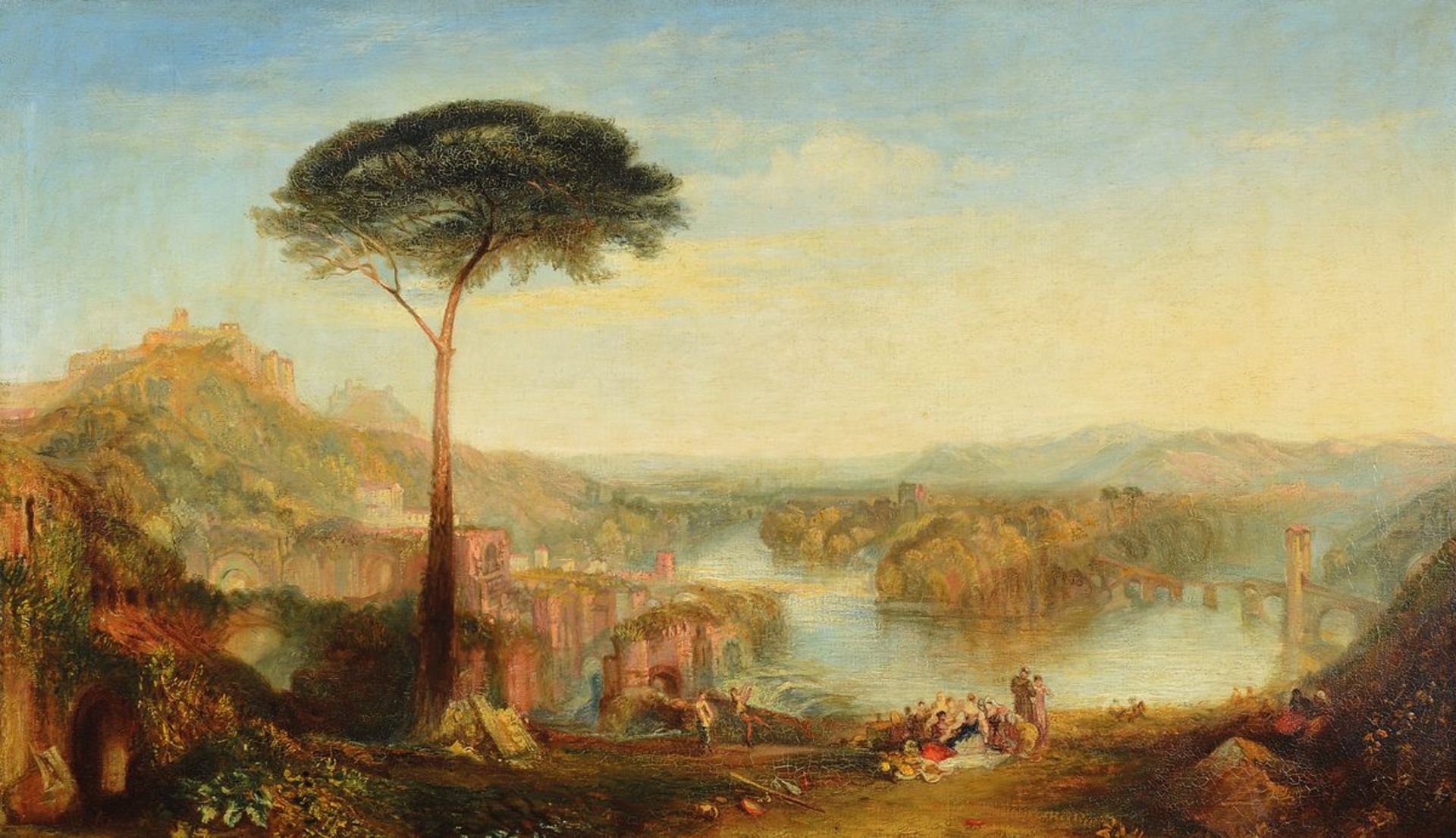 Monogramist AF, Roma 1858?, Roman landscape with picnic, on the lake, oil / canvas, left below