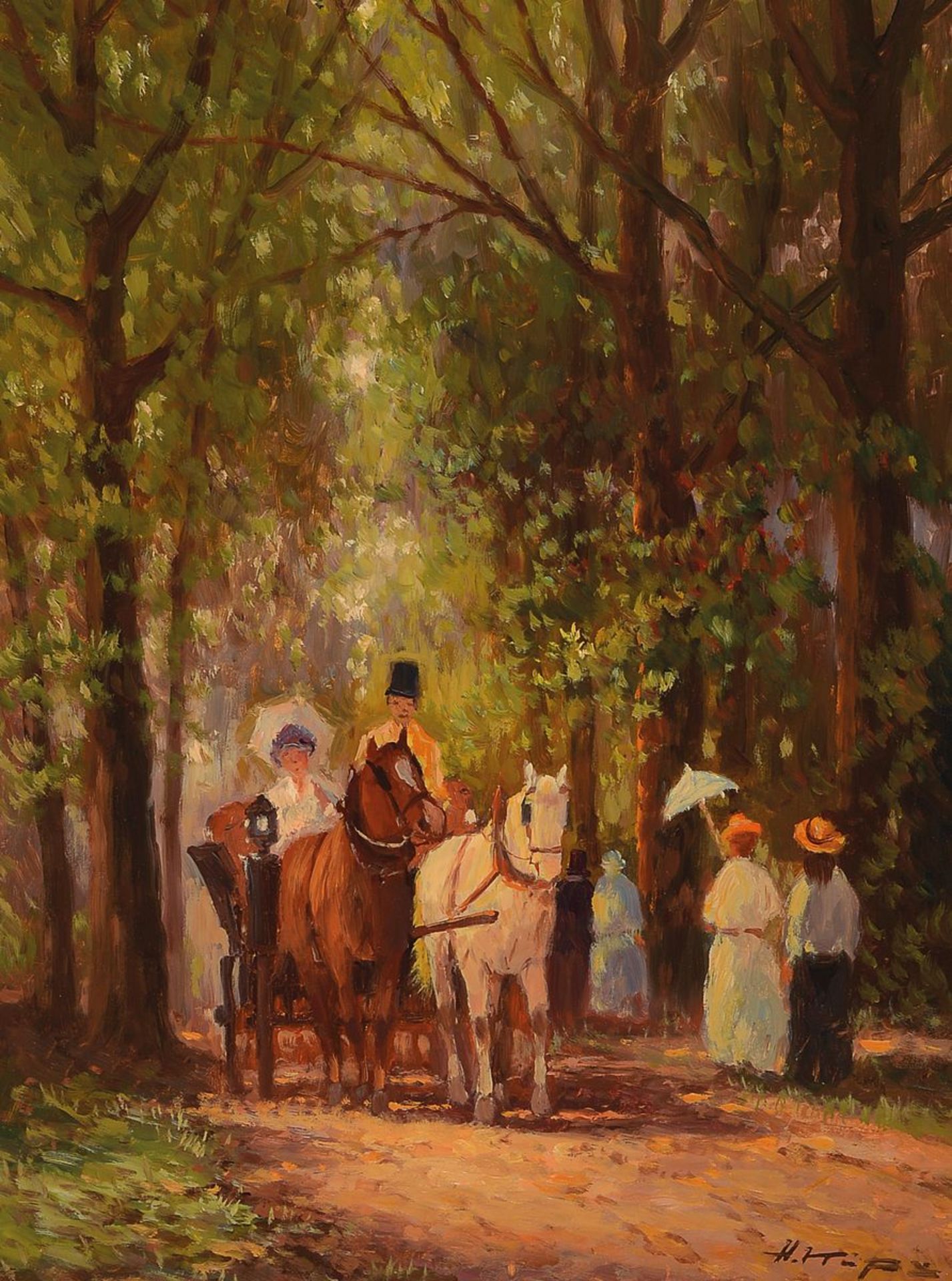 Helmut Kips, born 1937 Krefeld, carriage and stroller in forest, oil / wood, signed lower right,