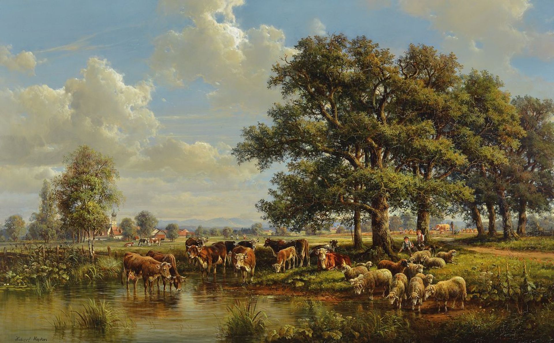 Hubert Kaplan, 1940 Munich, southern german landscape with drinking cattle, rich, partly miniature