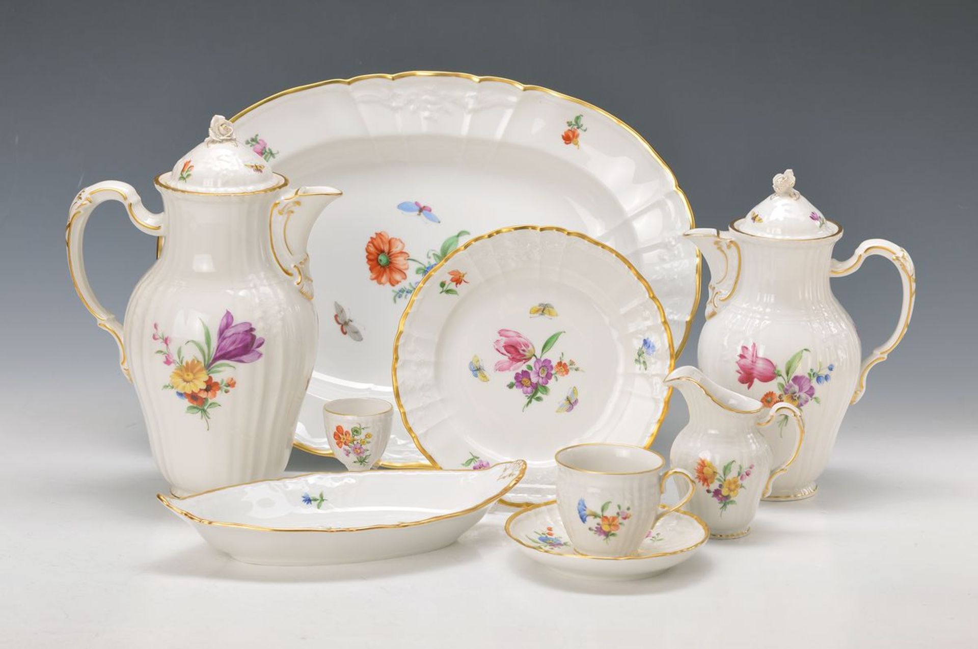 extensive coffee set, KPM, Berlin, 2. Half 20.th c., shape Rocaille, with flower paintingand