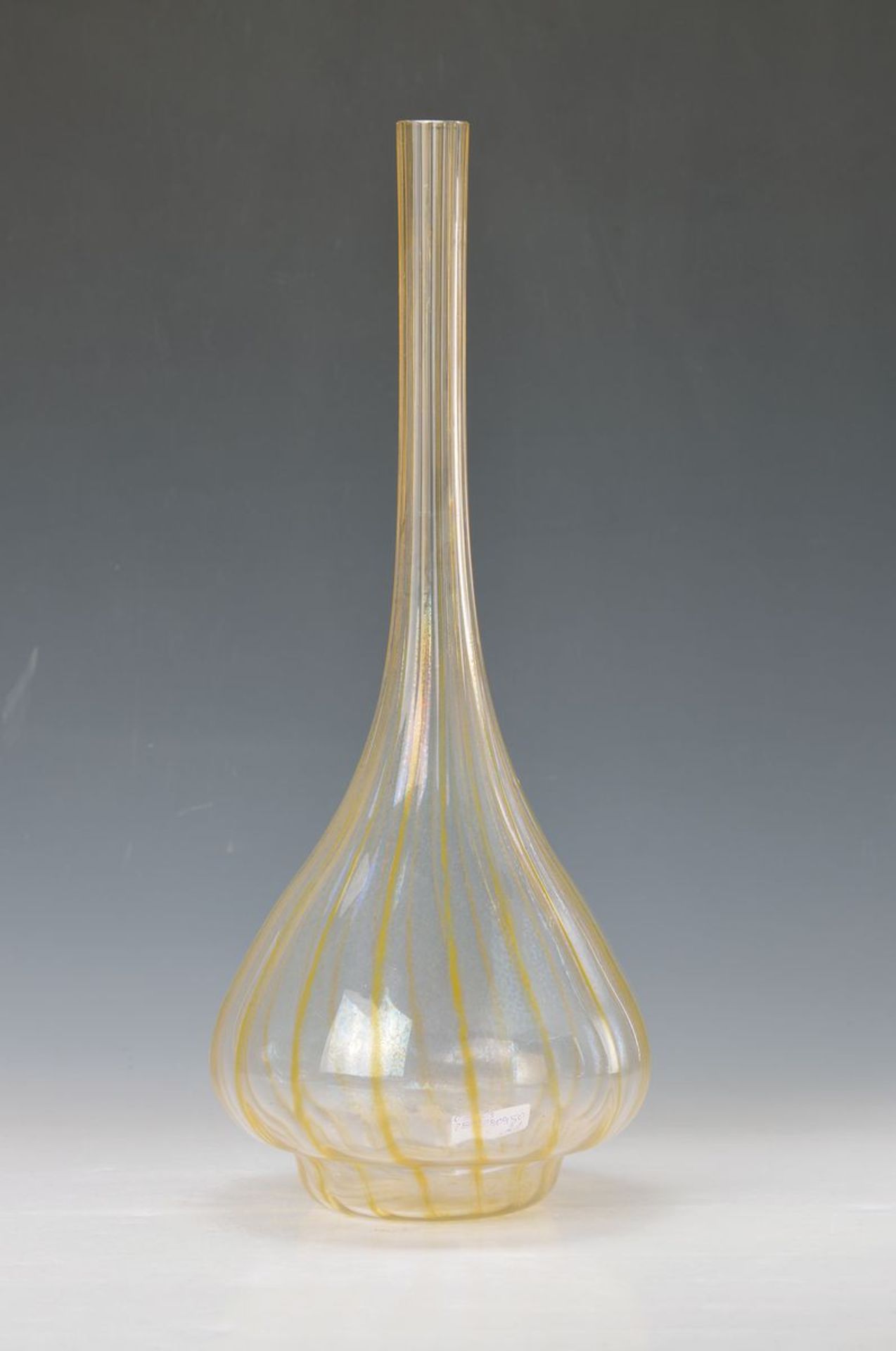 vase, tailor France, 1920s, colorless glass with melted yellow stripes, signed with the Tricolor, H.