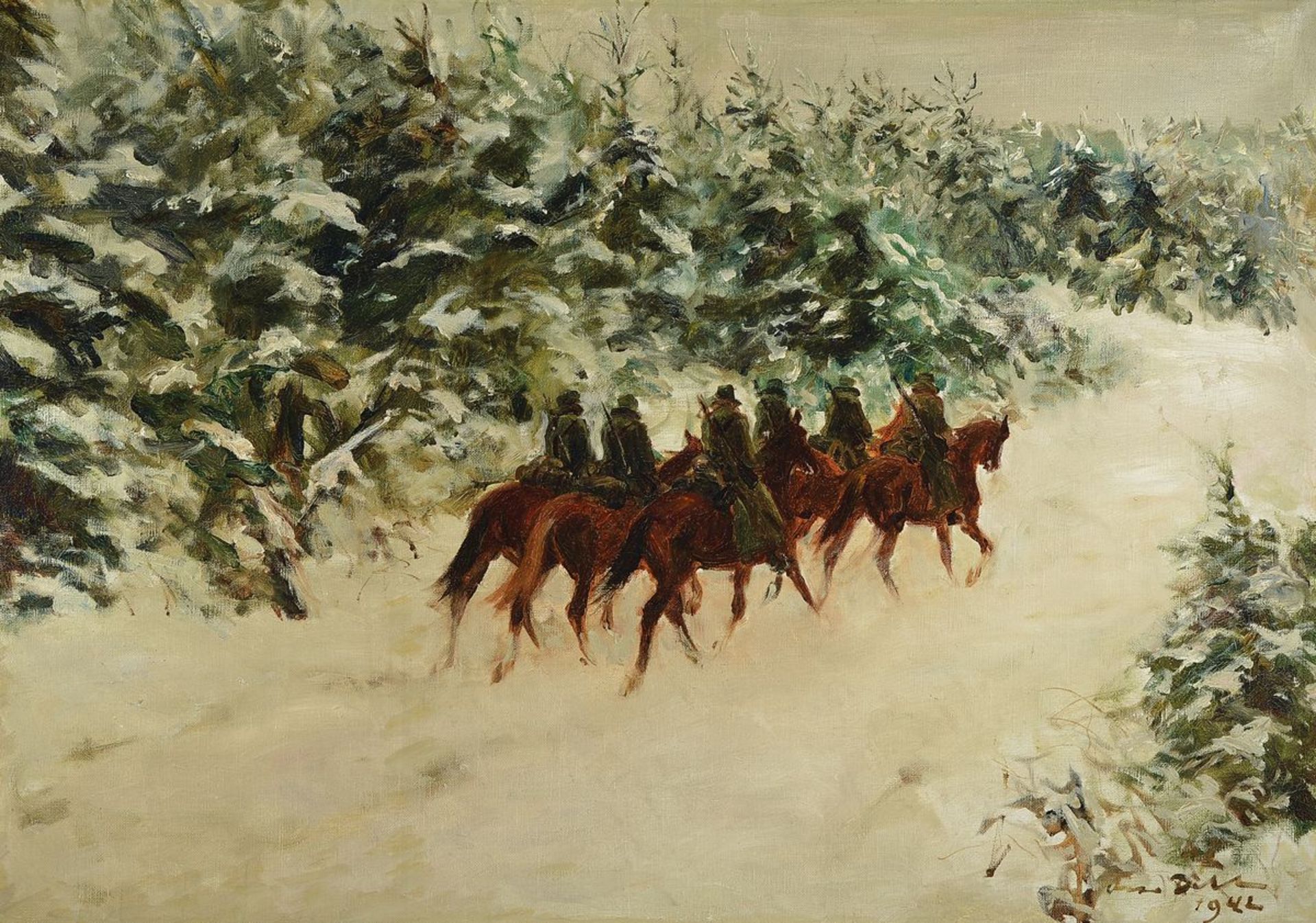 Otto Dill, 1884 Neustadt - 1957 Bad Dürkheim, patrol rider in winter forest, oil / canvas, signed