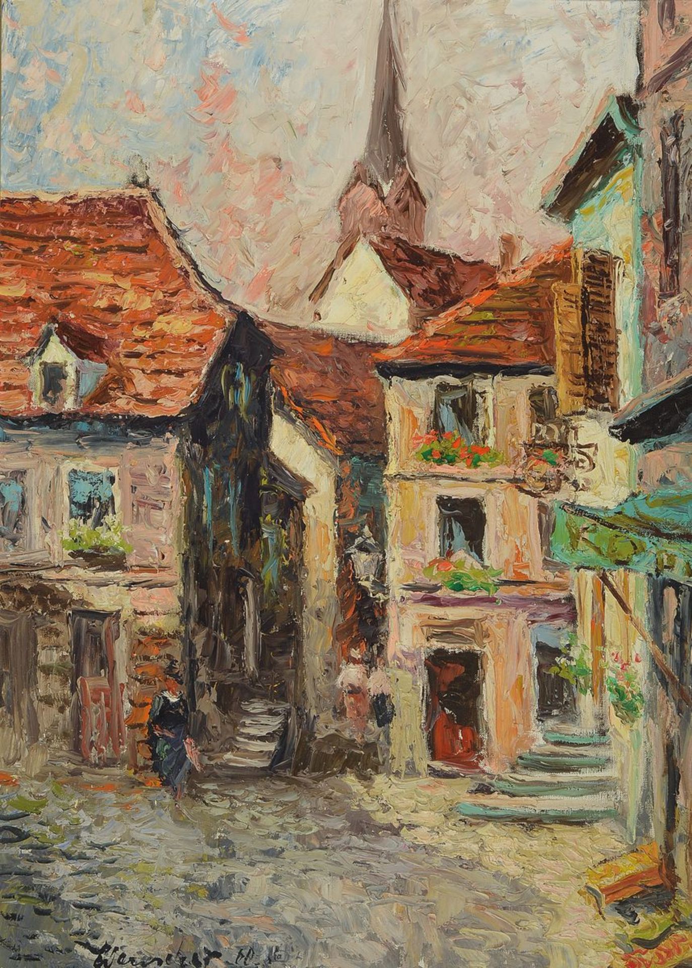 Helmut Wanschap, 1911 Berlin-1987 Kusel, Die untere Marktstraße in Kusel, oil/painting cardboard,