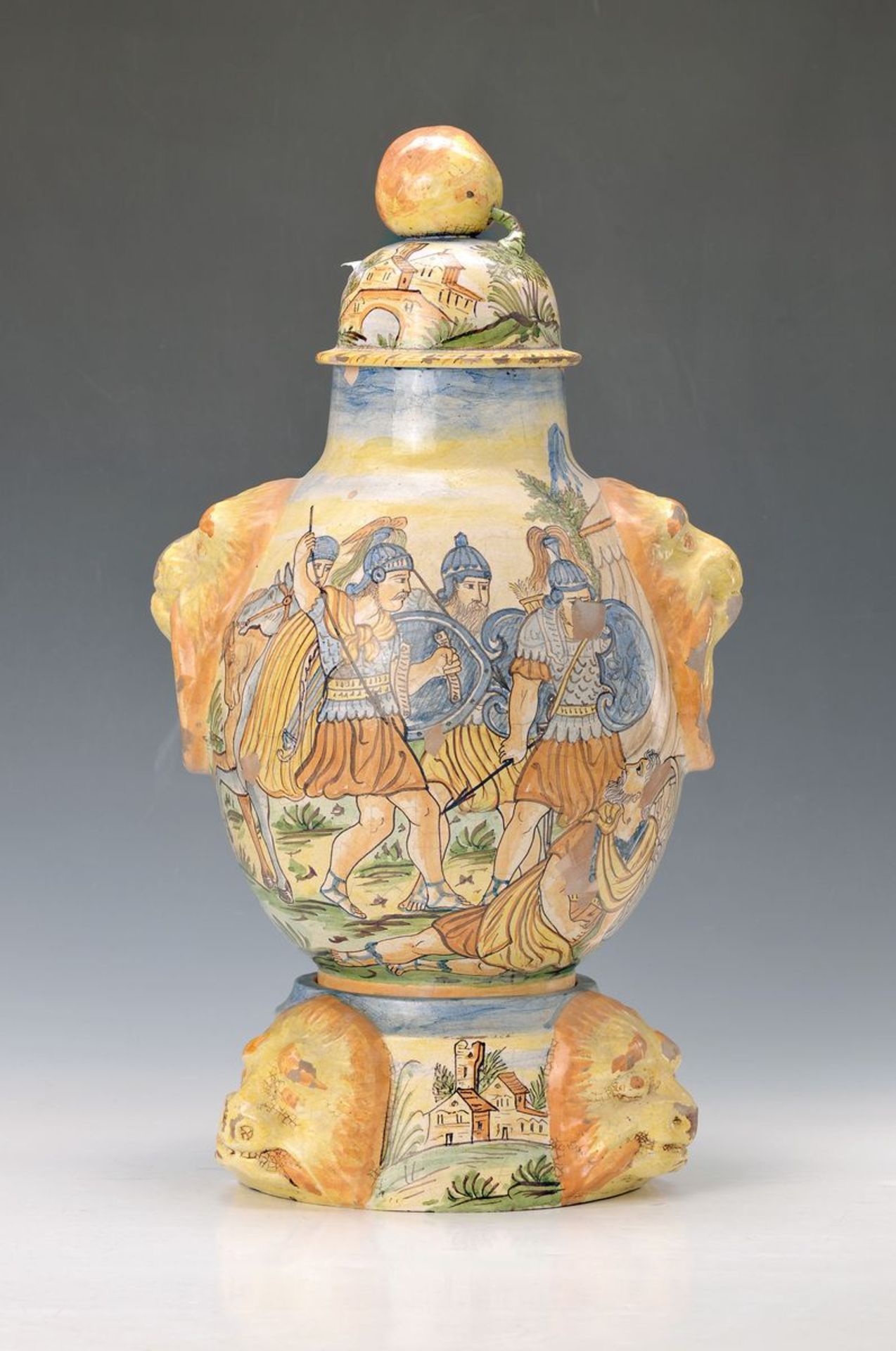 Large faience-vase with cover and pedestal, Florence, 19th c., painted in bright colors with antique