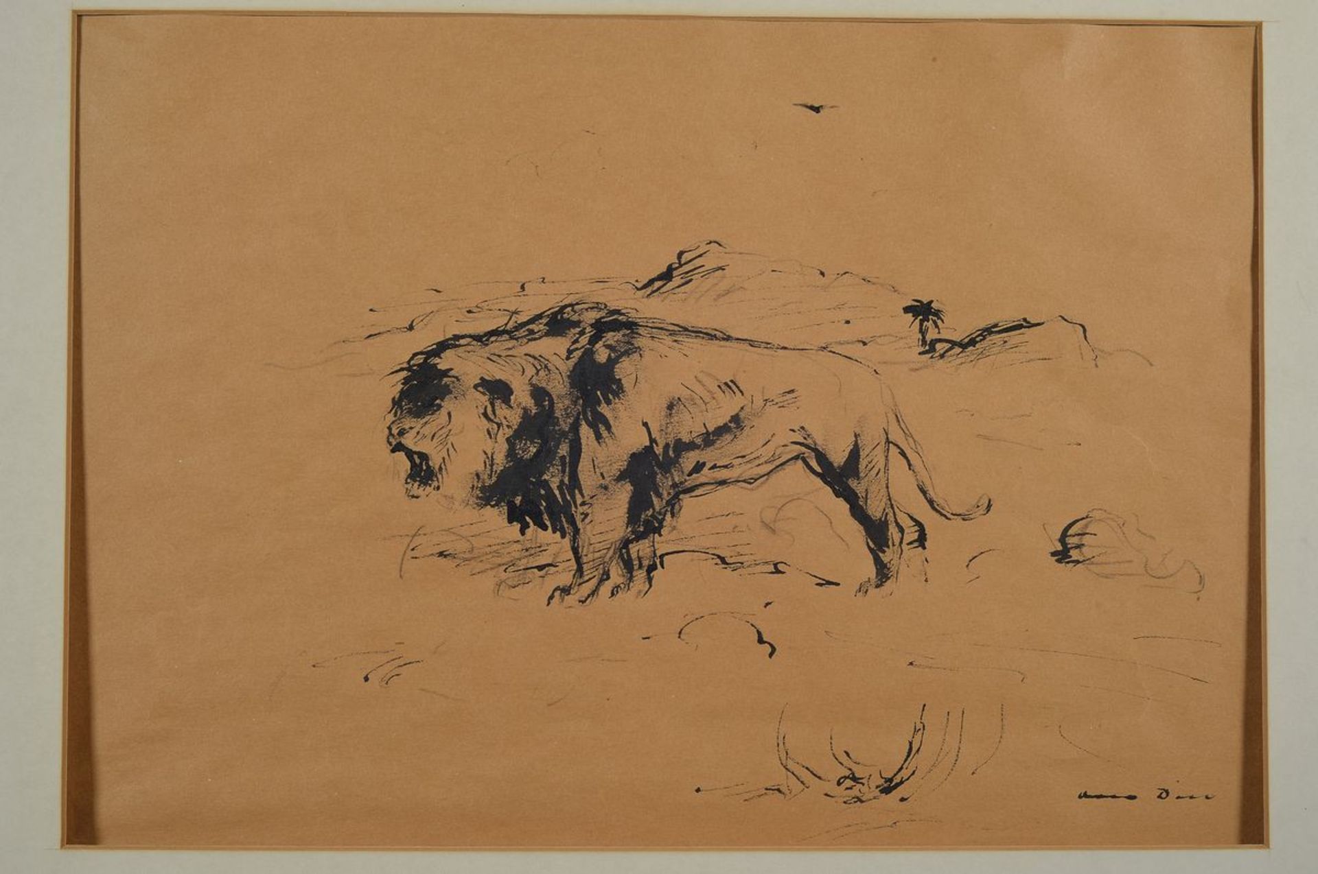 Otto Dill, 1884 Neustadt-1957 Bad Dürkheim, Lion in the desert, pen and ink drawing on paper, - Bild 3 aus 3