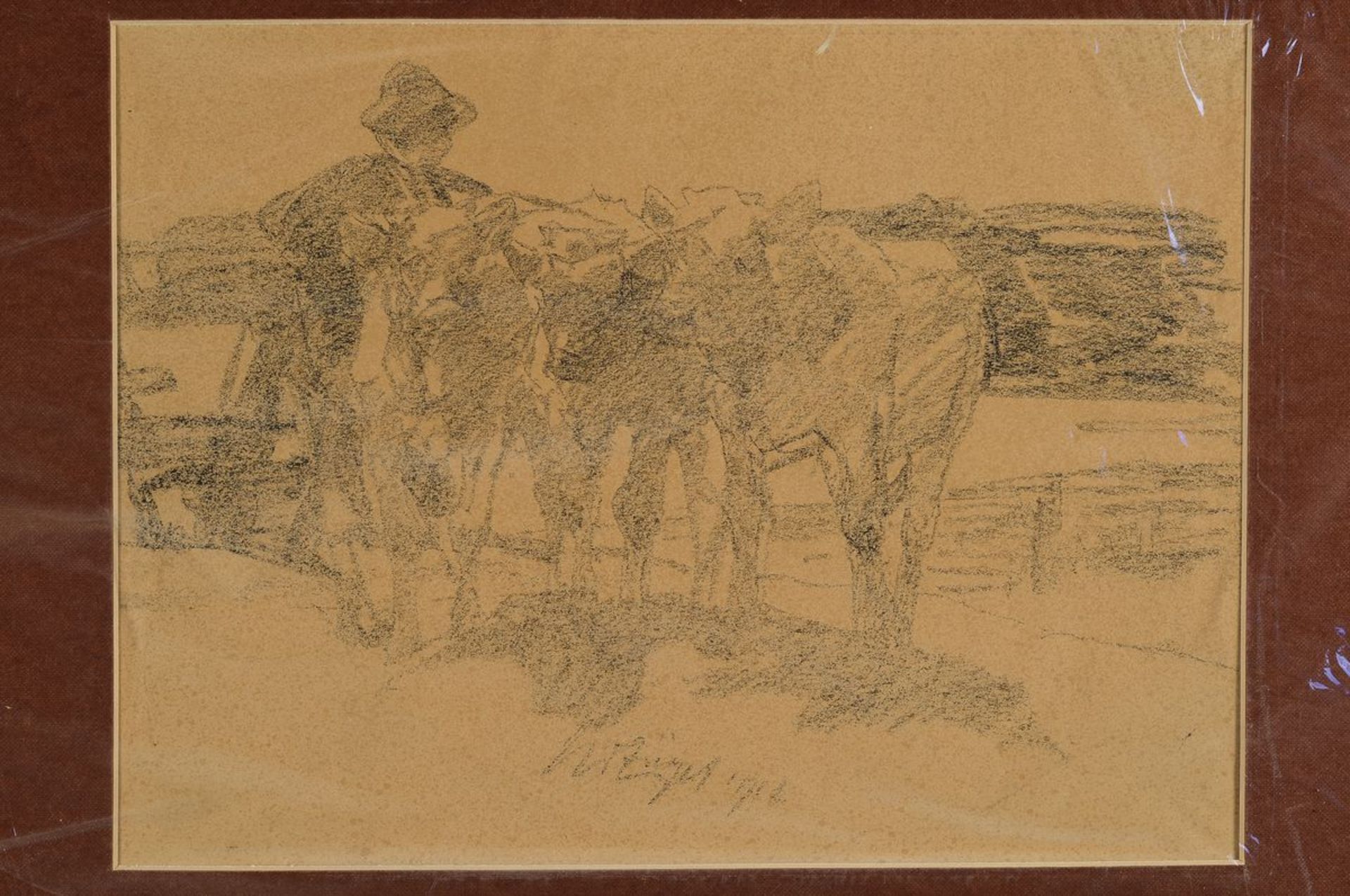 Heinrich von Zügel, 1850-1941, herding boy with three calves, lithograph, signed in the middle, - Image 3 of 3