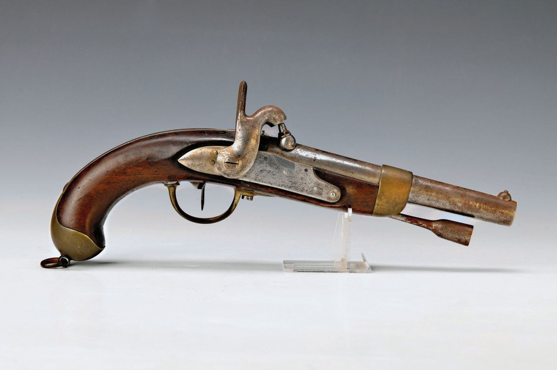 French Percussion Pistol, around 1822, lock plate with illegible engraving, rebuilt Flintlock on