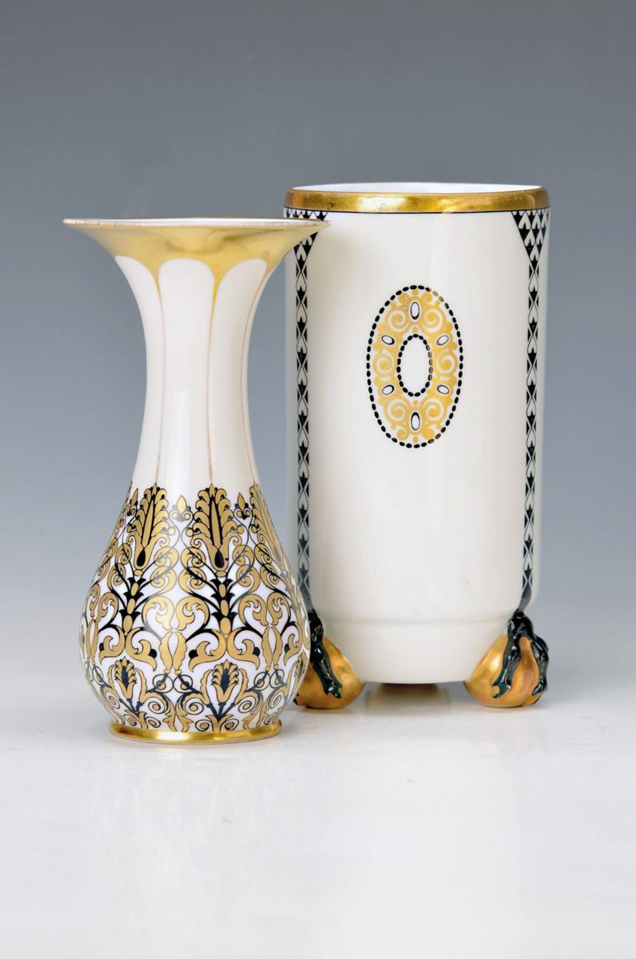 two Art Nouveau vases, Krautheim, around 1915/20, porcelain with black-golden time typical decor,