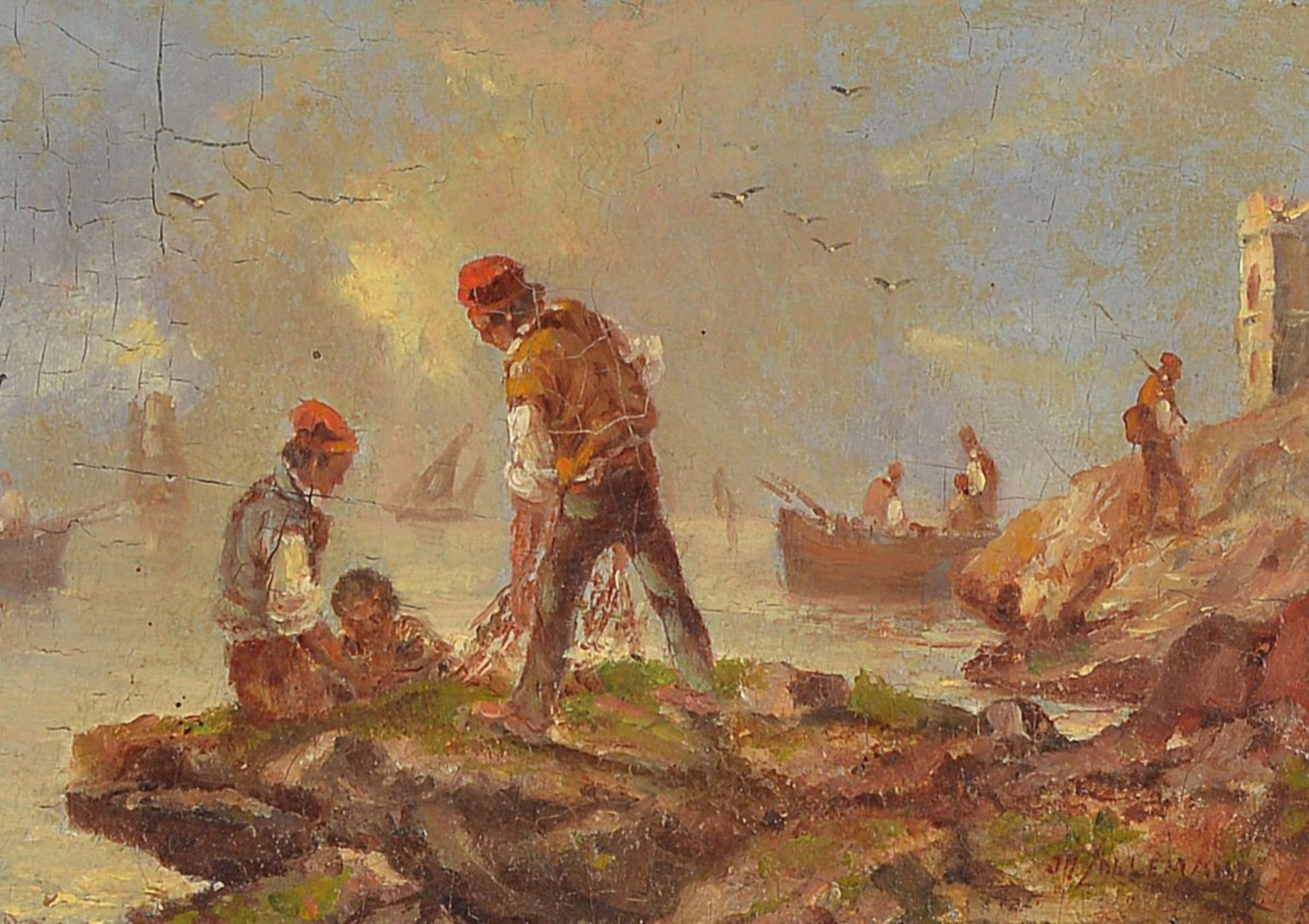 J. H. Allemand, painter of the 19th century, fishermen on a rocky beach, oil / wood, signedlower