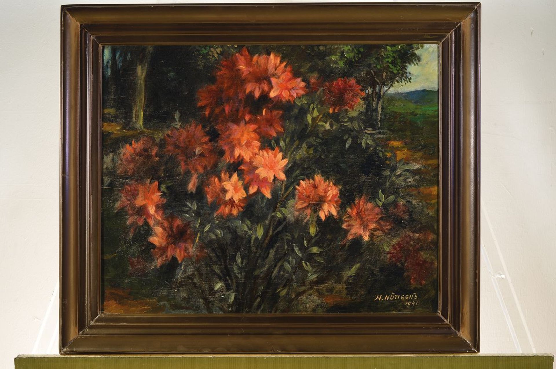 Heinrich Nüttgens, 1866 Aachen-1951 Düsseldorf, flowering bush in garden, oil / wood, signed lower - Image 3 of 3