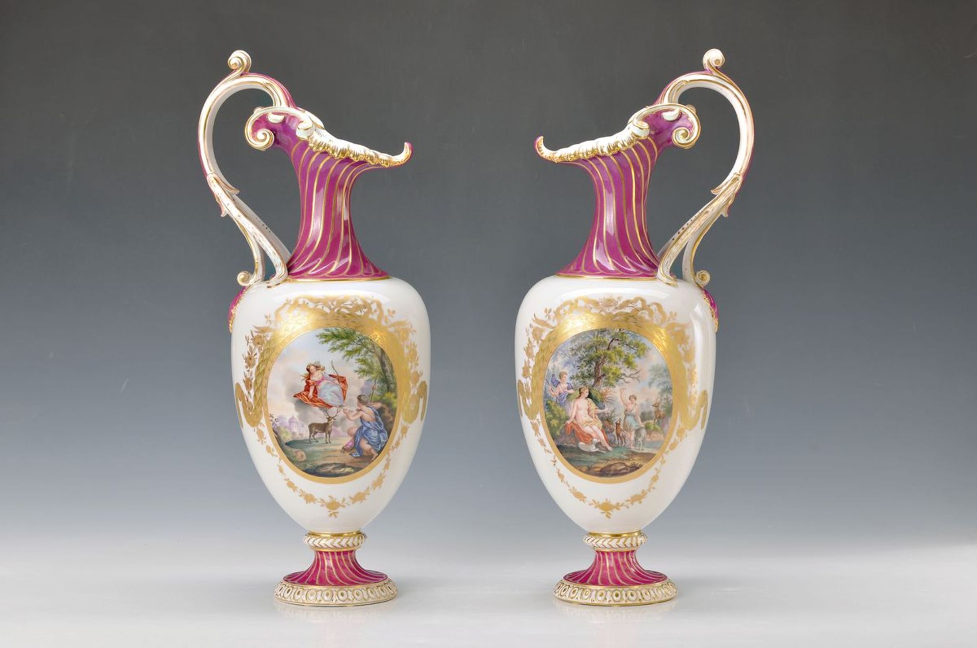 pair of large handle jars, KPM Berlin, around 1904, feet and neck purple with gold decoration,