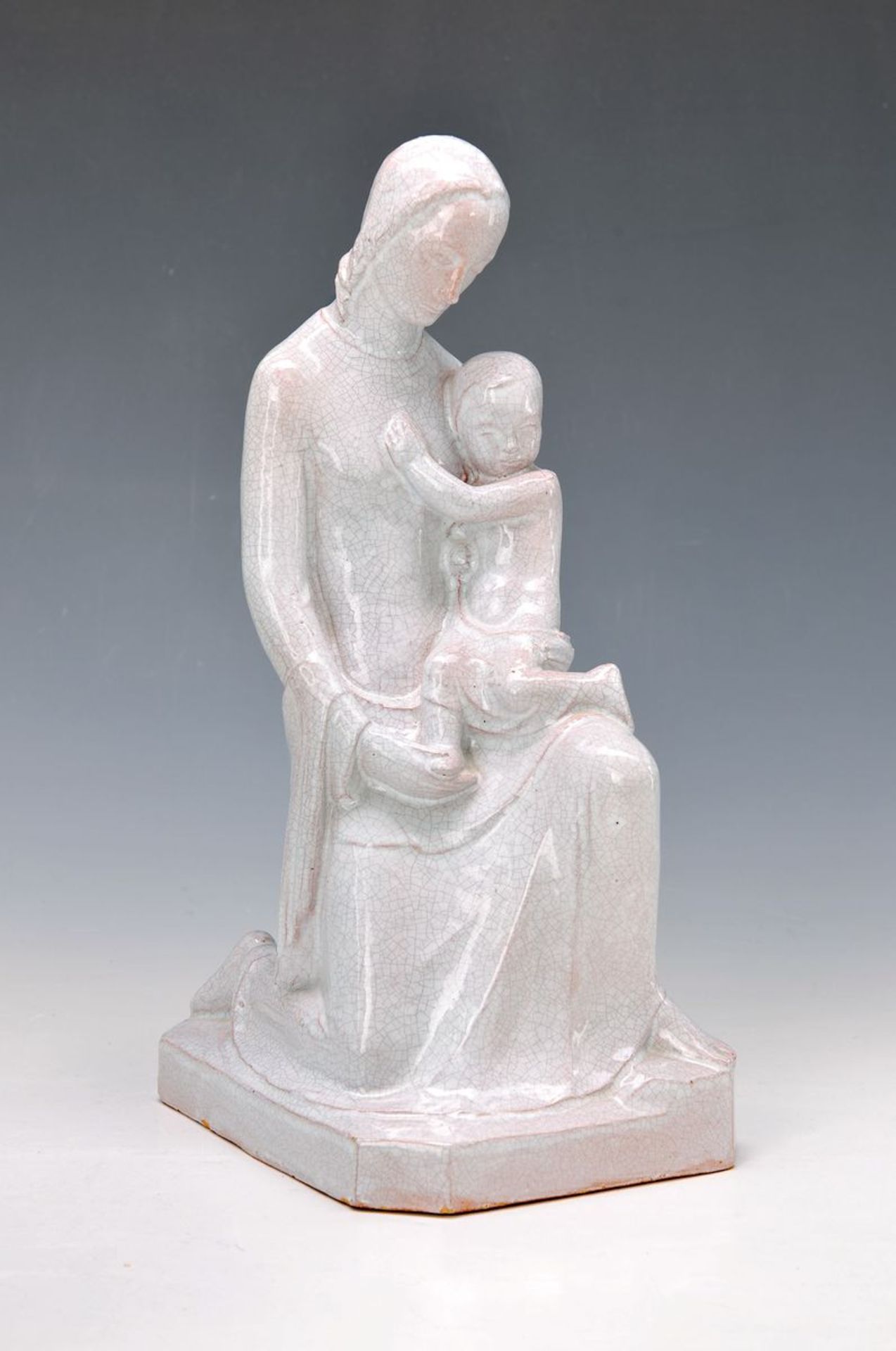 ceramic sculpture, probably German, 1930s, mother with child, red clay light glazed, craquelee,