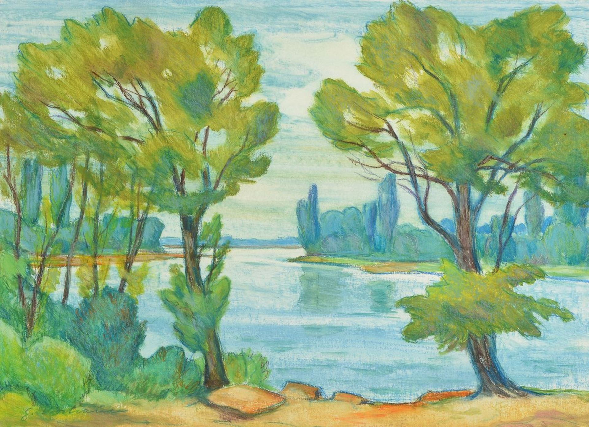 Georg Vorhauer, 1903 Paris-1981 Neustadt, landscape on the old rhine, mixed media (pastel and