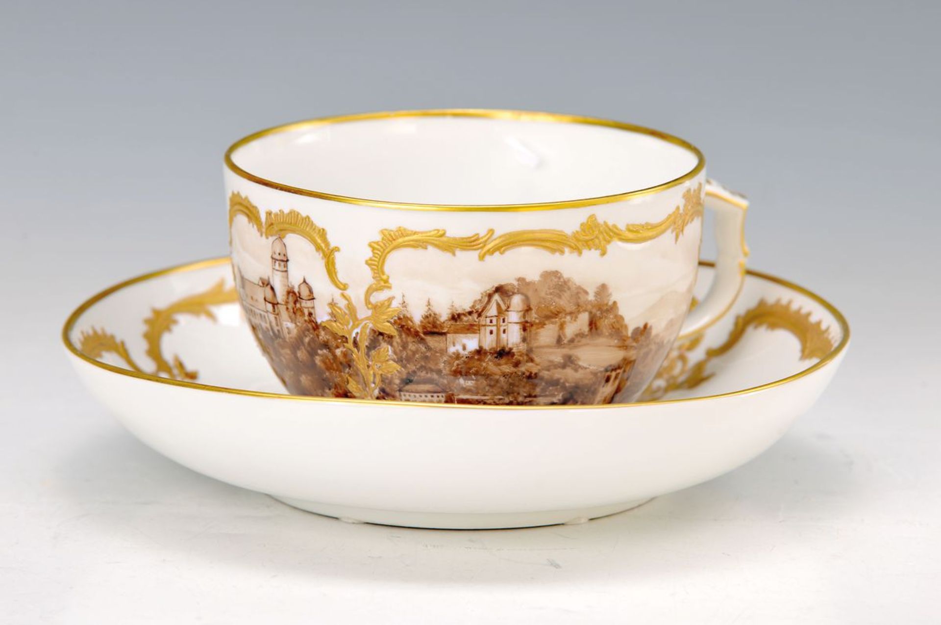 Large cup with saucer, KPM Berlin, 1929, fine sepia-colored painting: large landscape painting