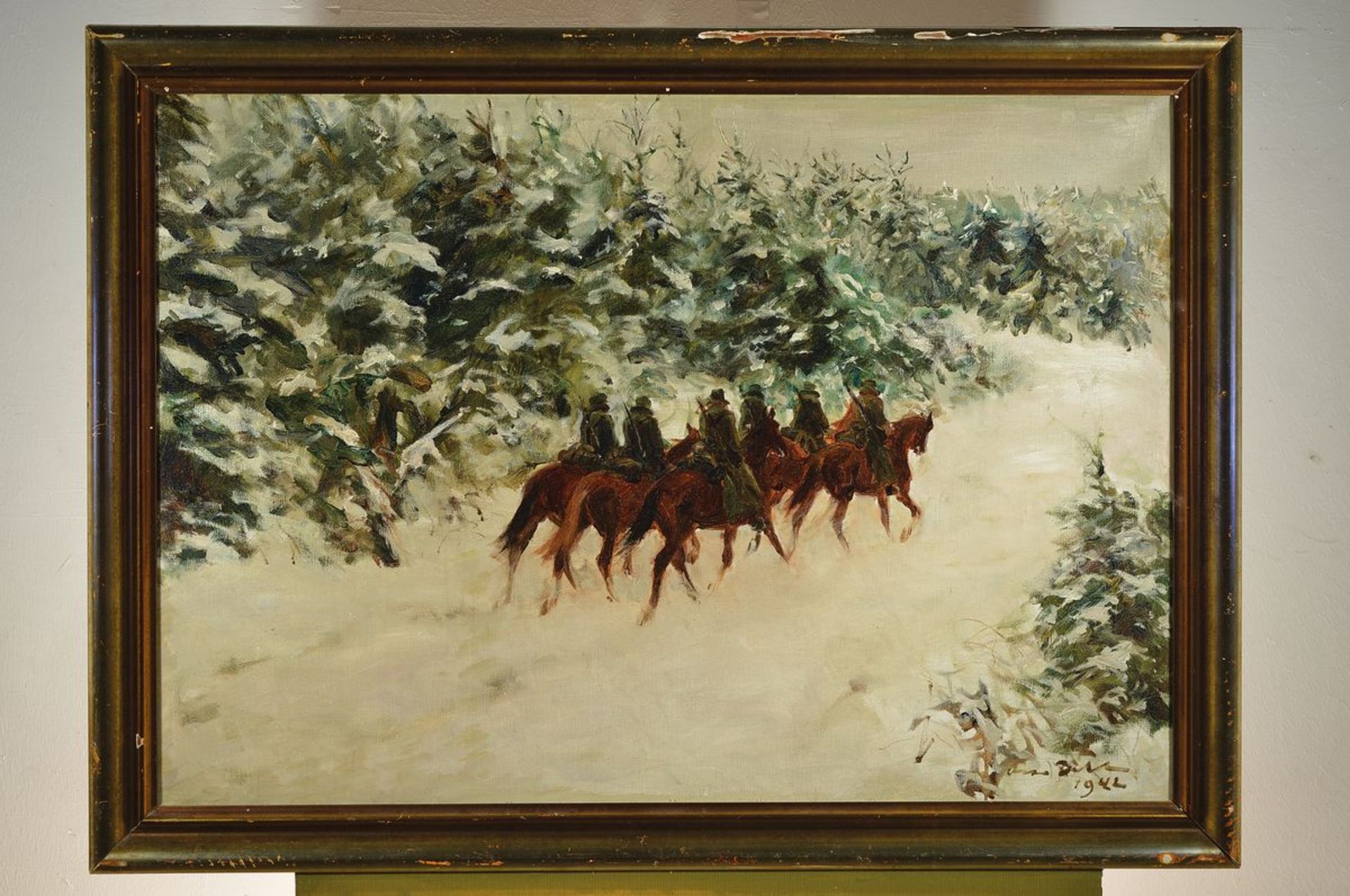 Otto Dill, 1884 Neustadt - 1957 Bad Dürkheim, patrol rider in winter forest, oil / canvas, signed - Image 3 of 3