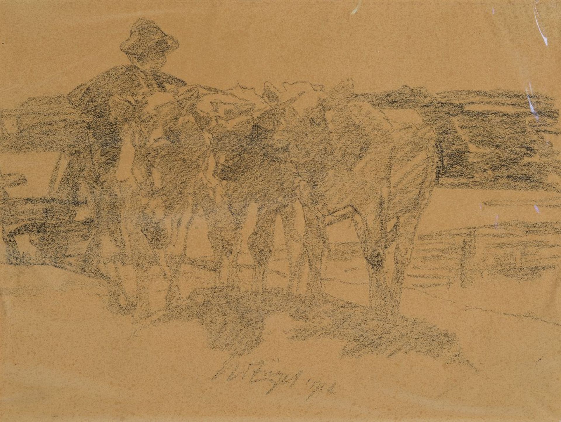 Heinrich von Zügel, 1850-1941, herding boy with three calves, lithograph, signed in the middle,