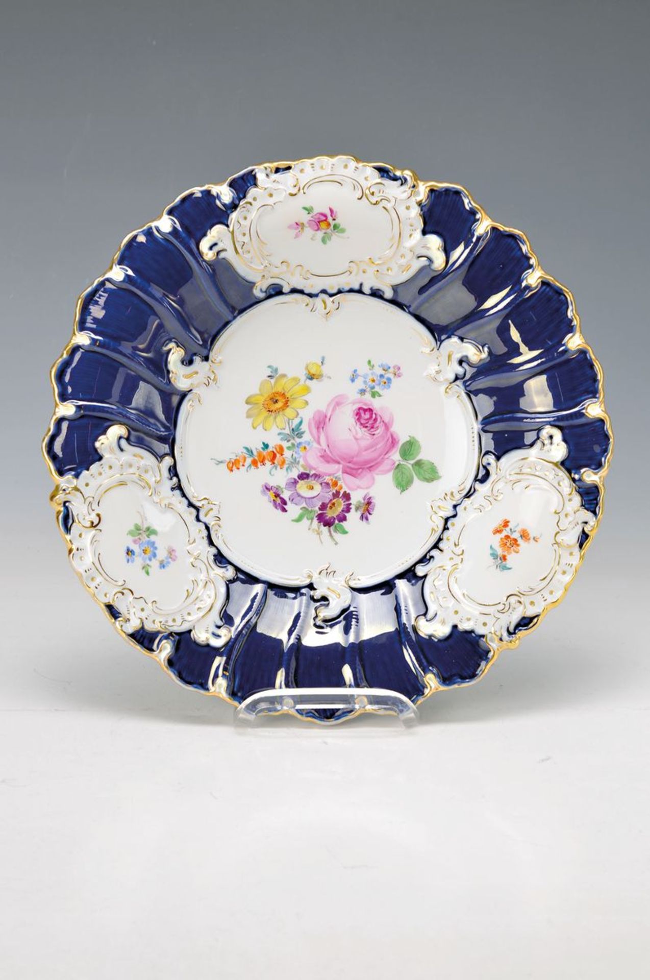 pompous plate, Meissen, 1924-33, Pfeifer time,cobalt blue glazed, embossed, matt and glossy gilding,