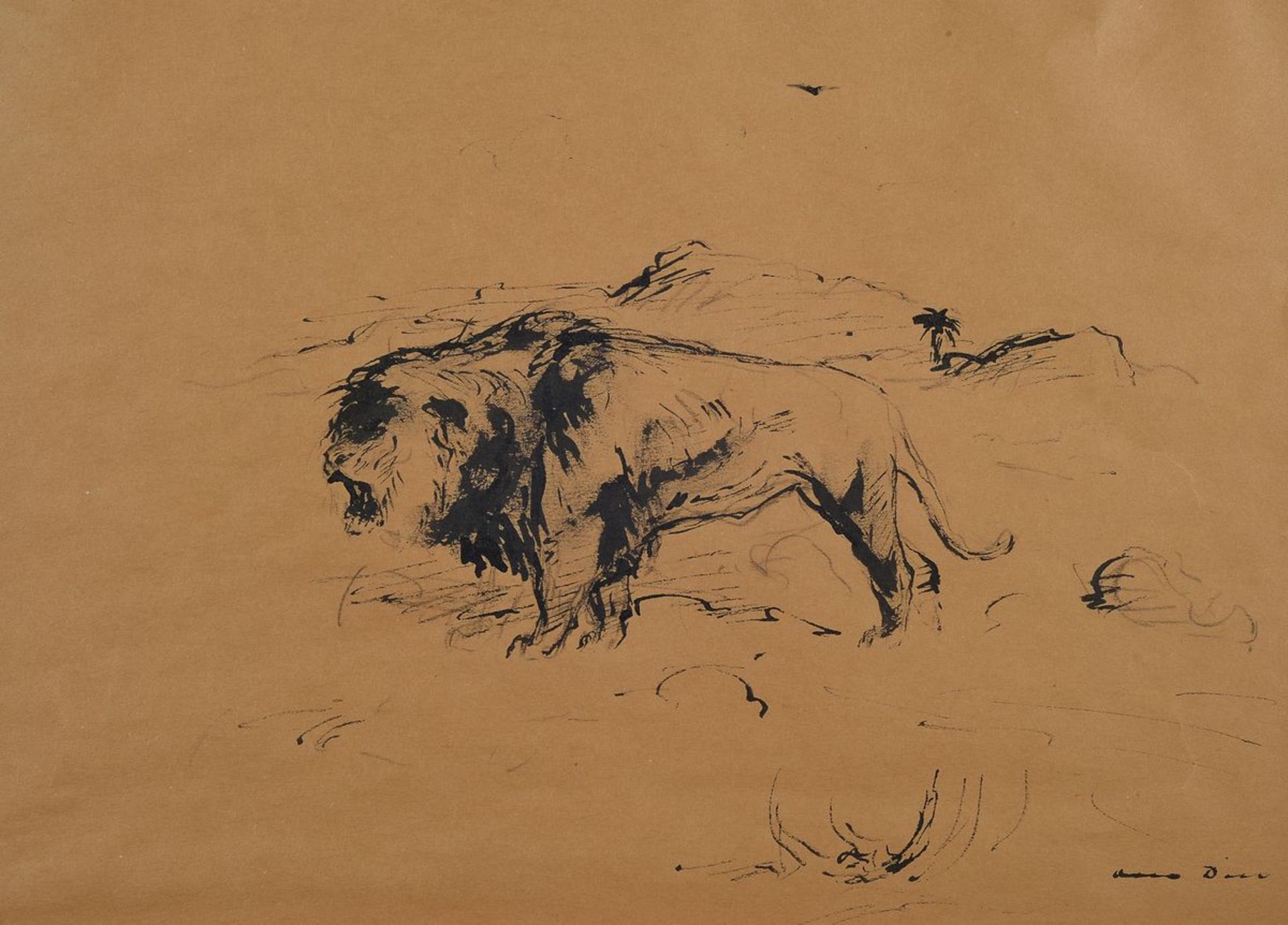 Otto Dill, 1884 Neustadt-1957 Bad Dürkheim, Lion in the desert, pen and ink drawing on paper,