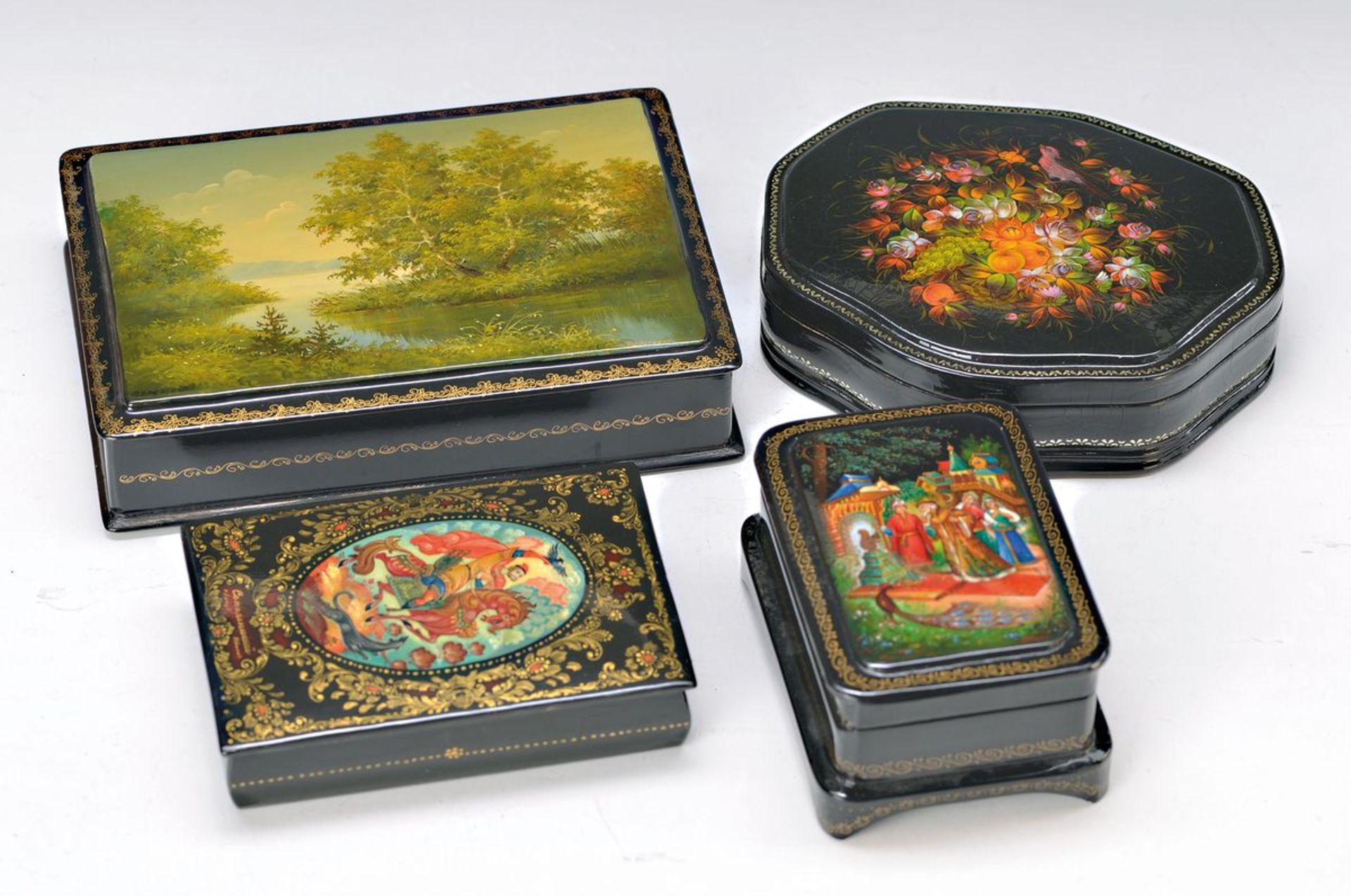 Four varnish boxes, Russia, 20th c., Fairytalerepresentations, approx. 11 x 7.5 cm; Fairytale 13 x 9